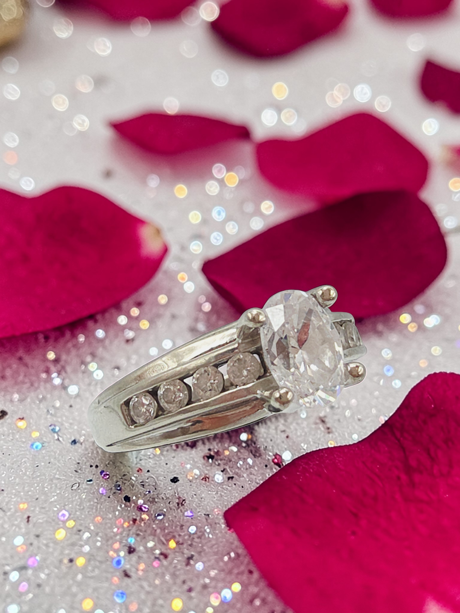 Solid 14K White Gold Oval-Cut CZ Ring with Channel Set Accents – Size 6