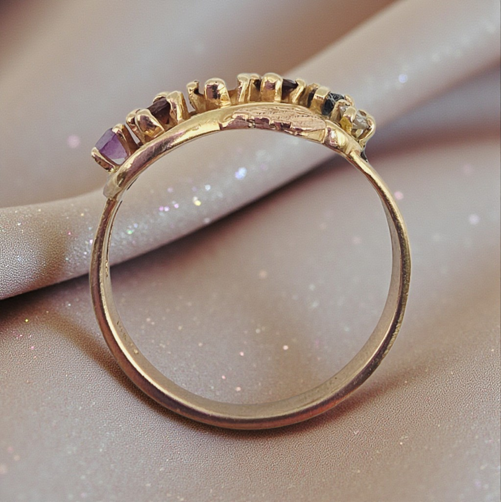 Solid 14K Yellow Gold Ring with Round Cut Opal, Garnet, Blue Topaz, Amethyst, and Diamond Size 8