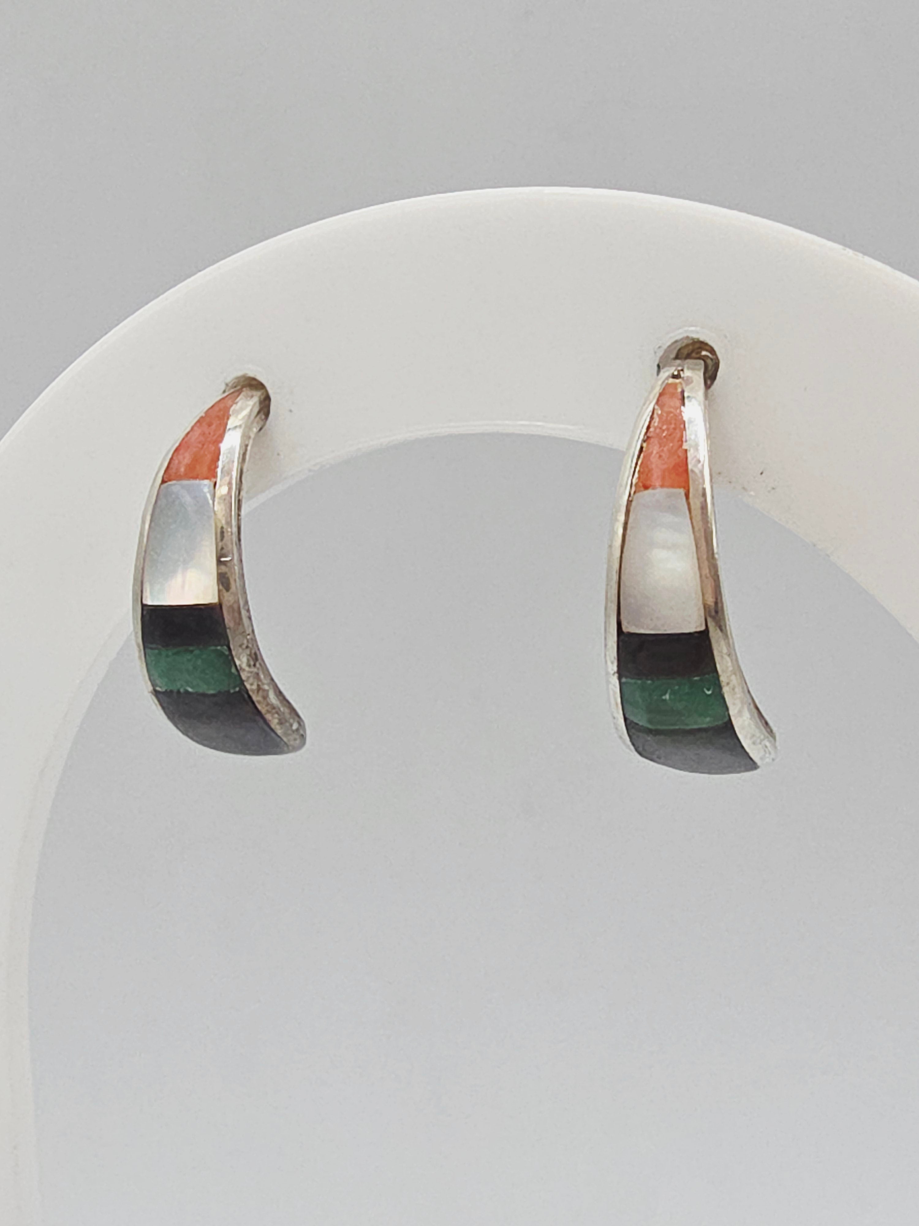 925 Sterling Silver Inlay Earrings Mother of Pearl Enamel Southwest Style