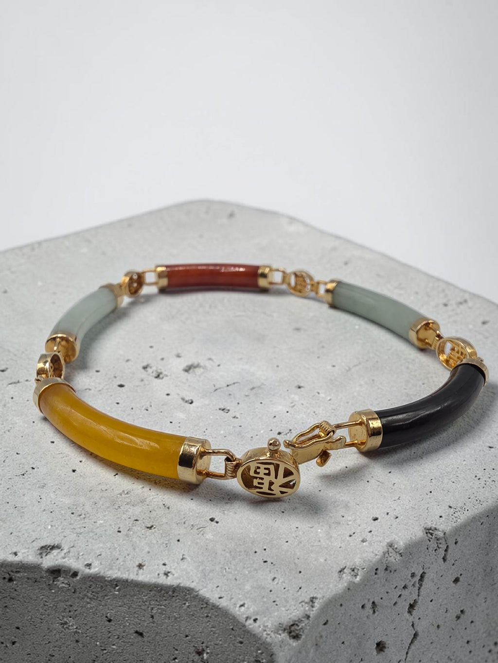 Rainbow Multi Color Jade Sterling Silver 18K Gold Vermeil Bracelet 8 Inch