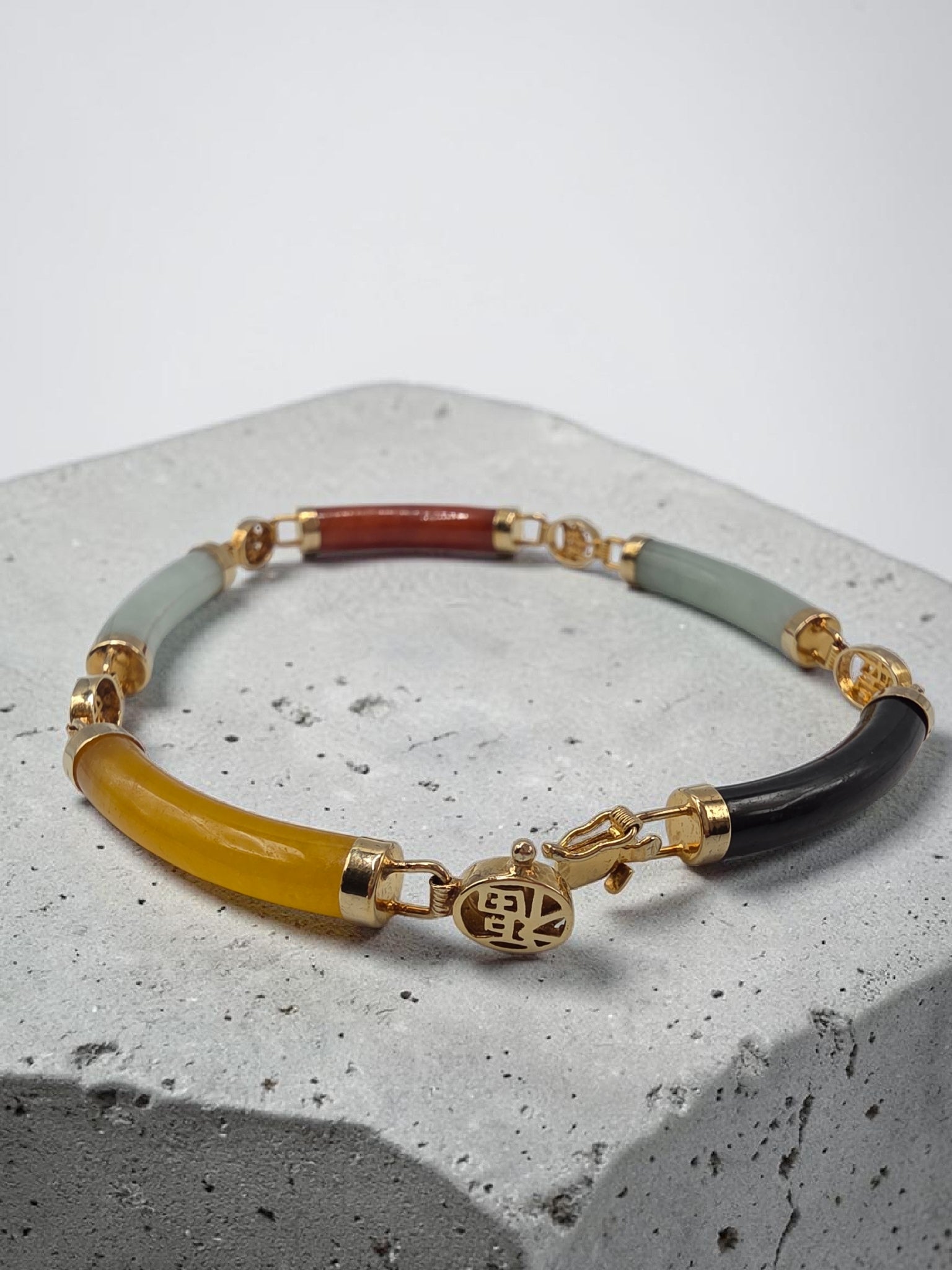 Rainbow Multi Color Jade Sterling Silver 18K Gold Vermeil Bracelet 8 Inch