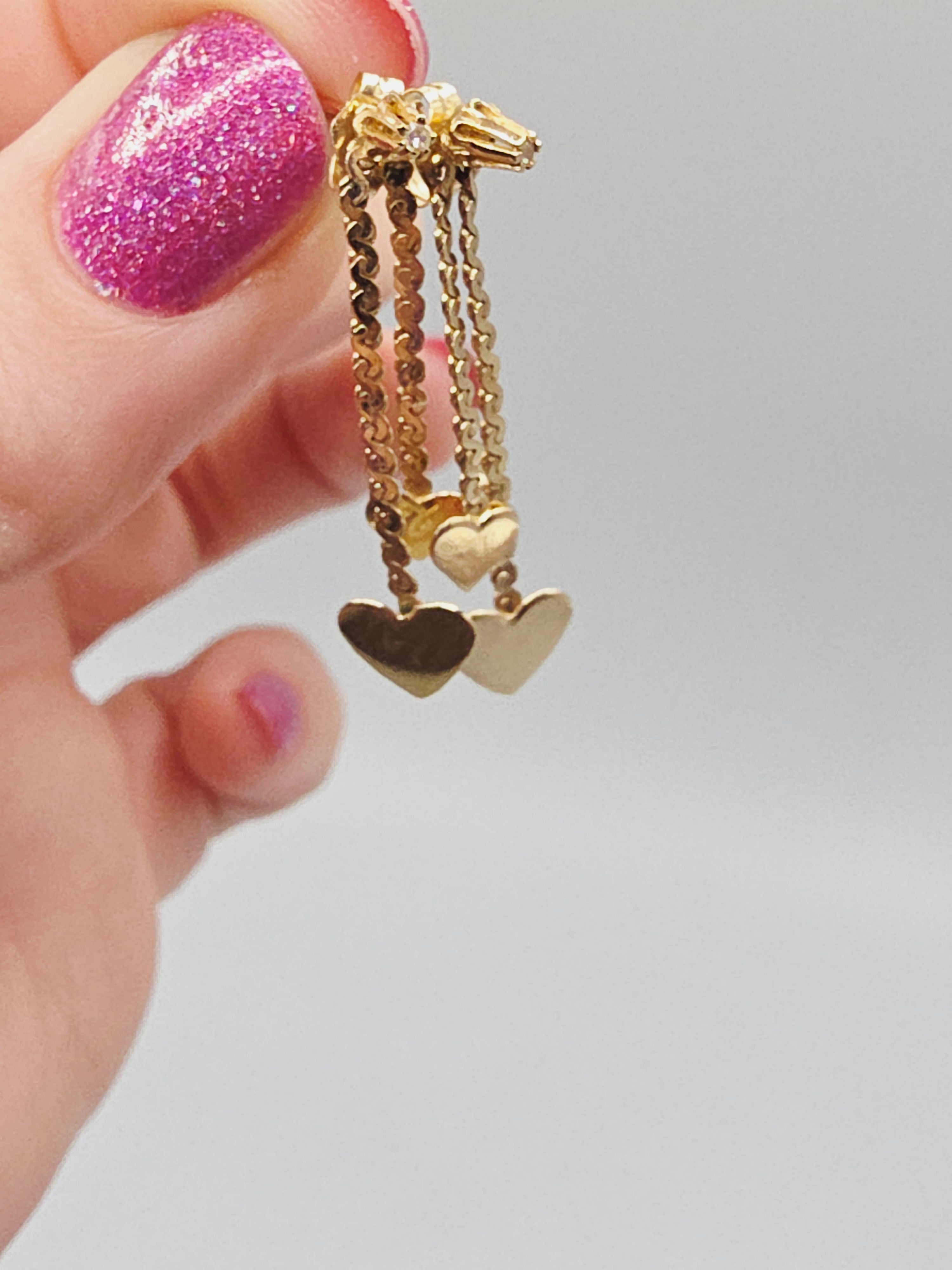 Vintage NABCO Solid 14K Gold Dangle Heart Earrings with White Topaz Accents