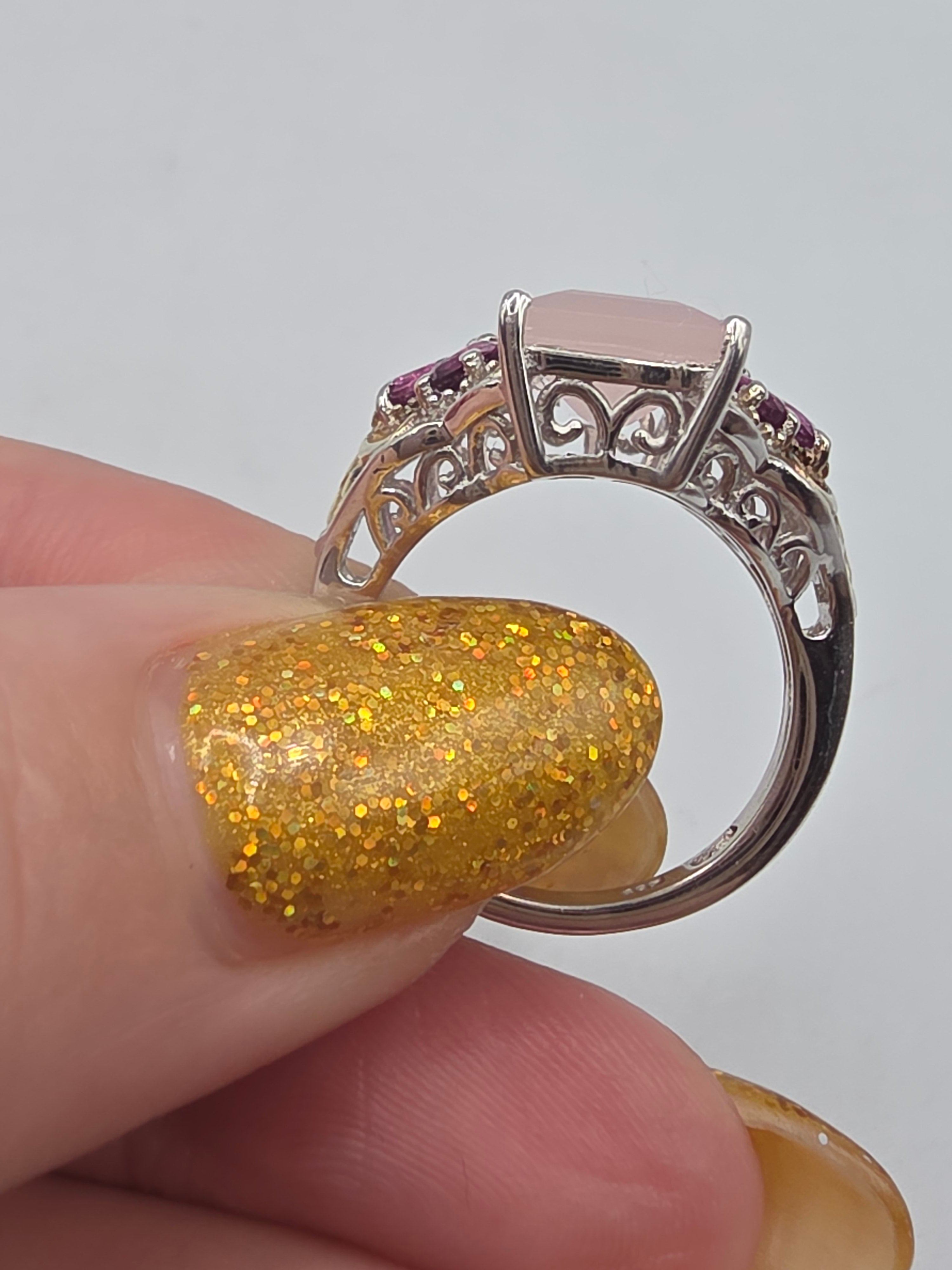 STS Jewels Sterling Silver Pink Quarts & Rhodolite Ring 18K Gold Accents Size 7
