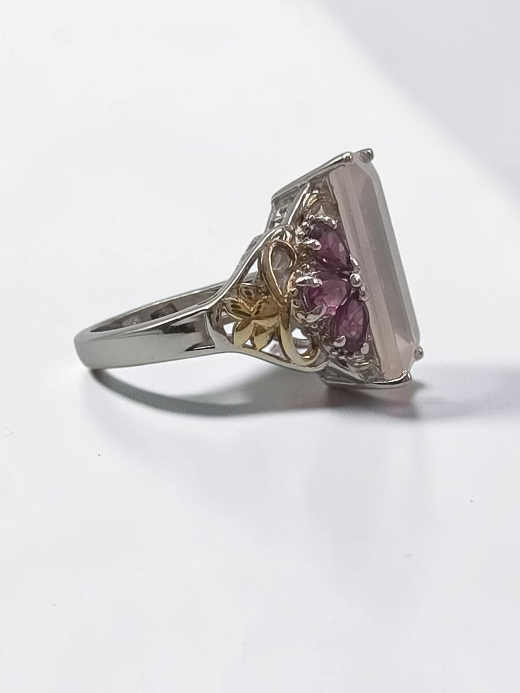STS Jewels Sterling Silver Pink Quarts & Rhodolite Ring 18K Gold Accents Size 7