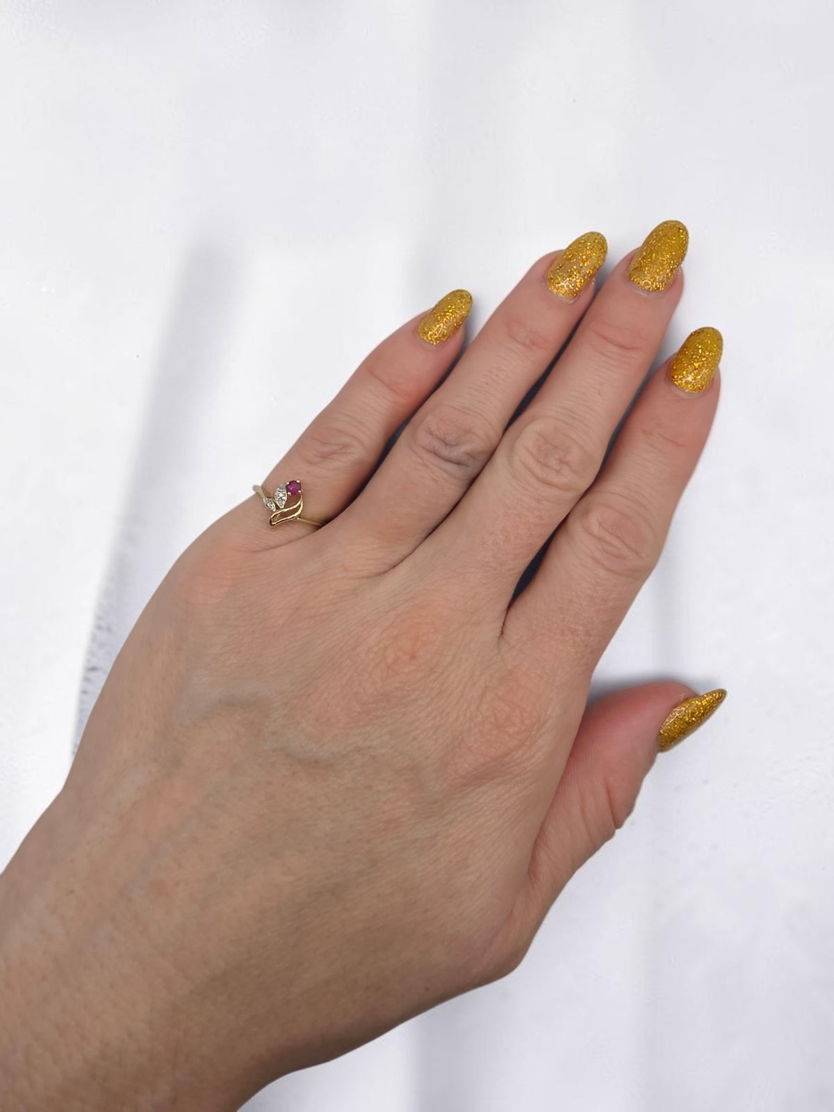 Solid 10K Yellow Gold Ruby Flower and Diamond Leaf Swirl Ring - Size 4