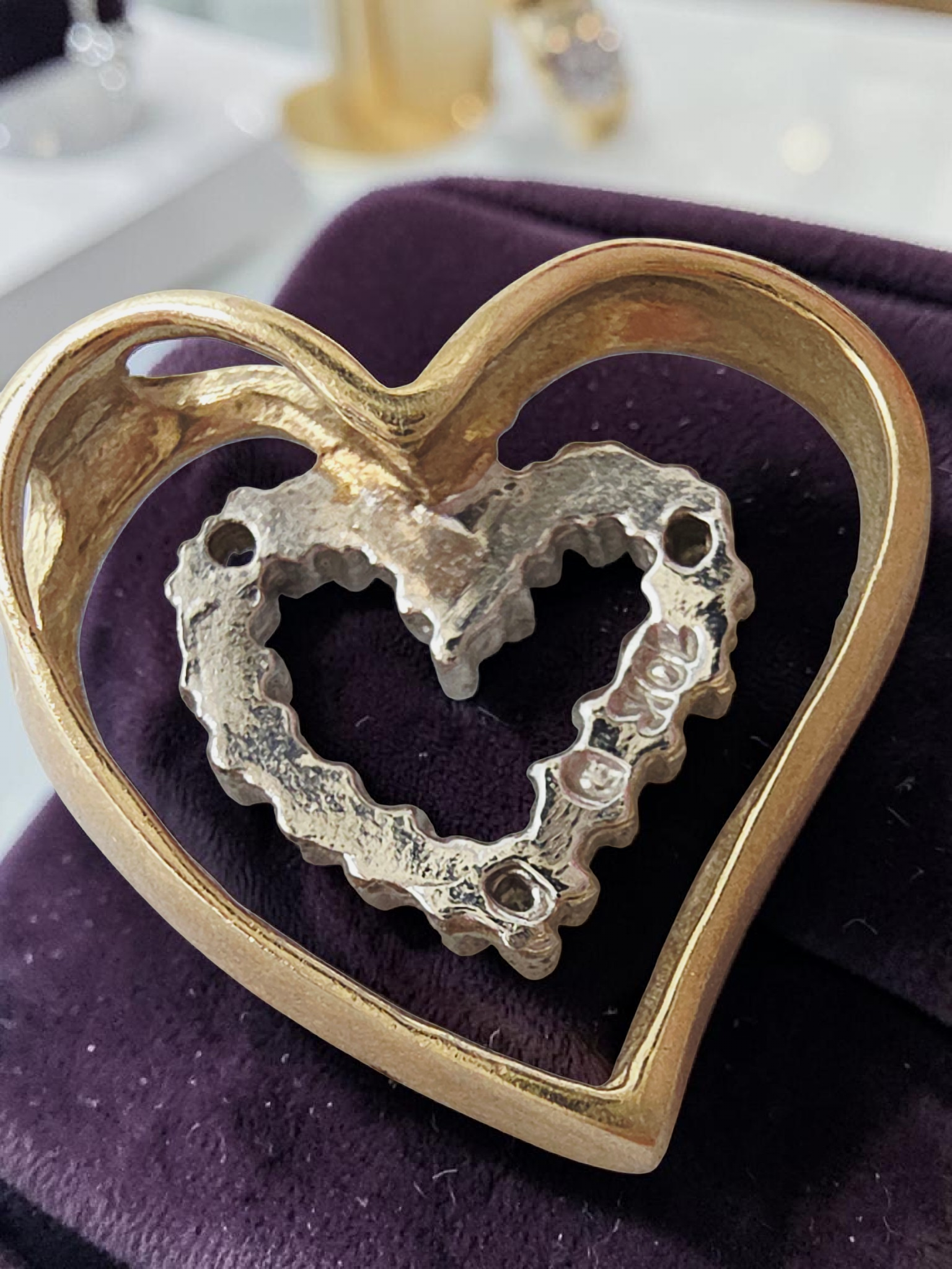 Solid 10K Two Tone Gold Double Heart Pendant 3 Diamond Accents Yellow White