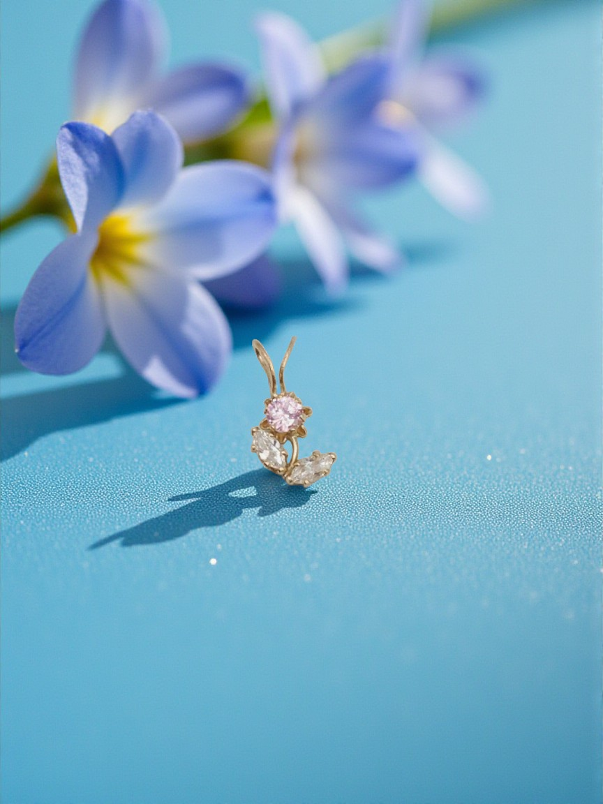 Solid 10K Yellow Gold Flower Necklace Pendant with Pink & White CZs