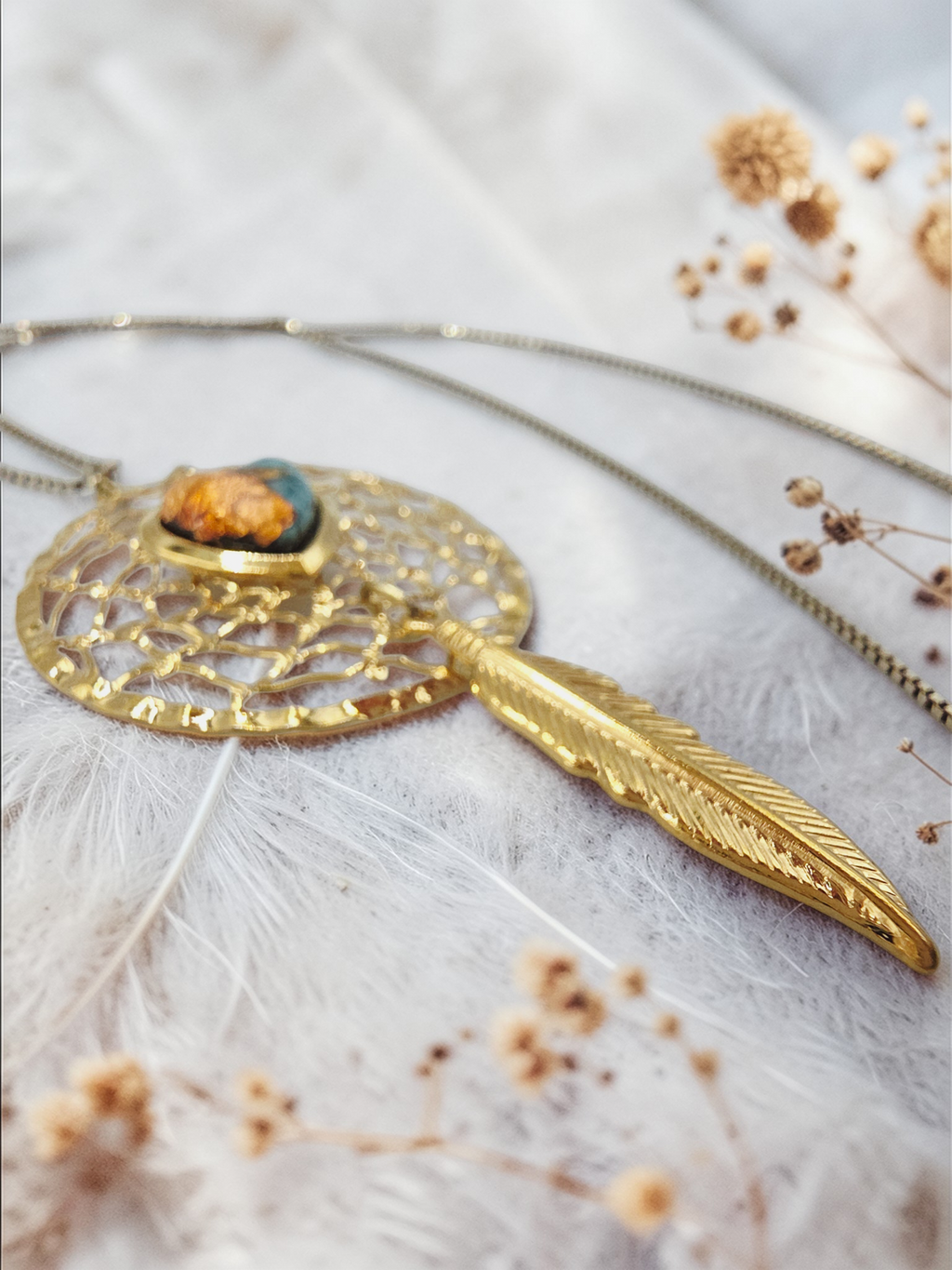 Turquoise Heart Feather Dreamcatcher Pendant with Sterling Silver Italy Necklace