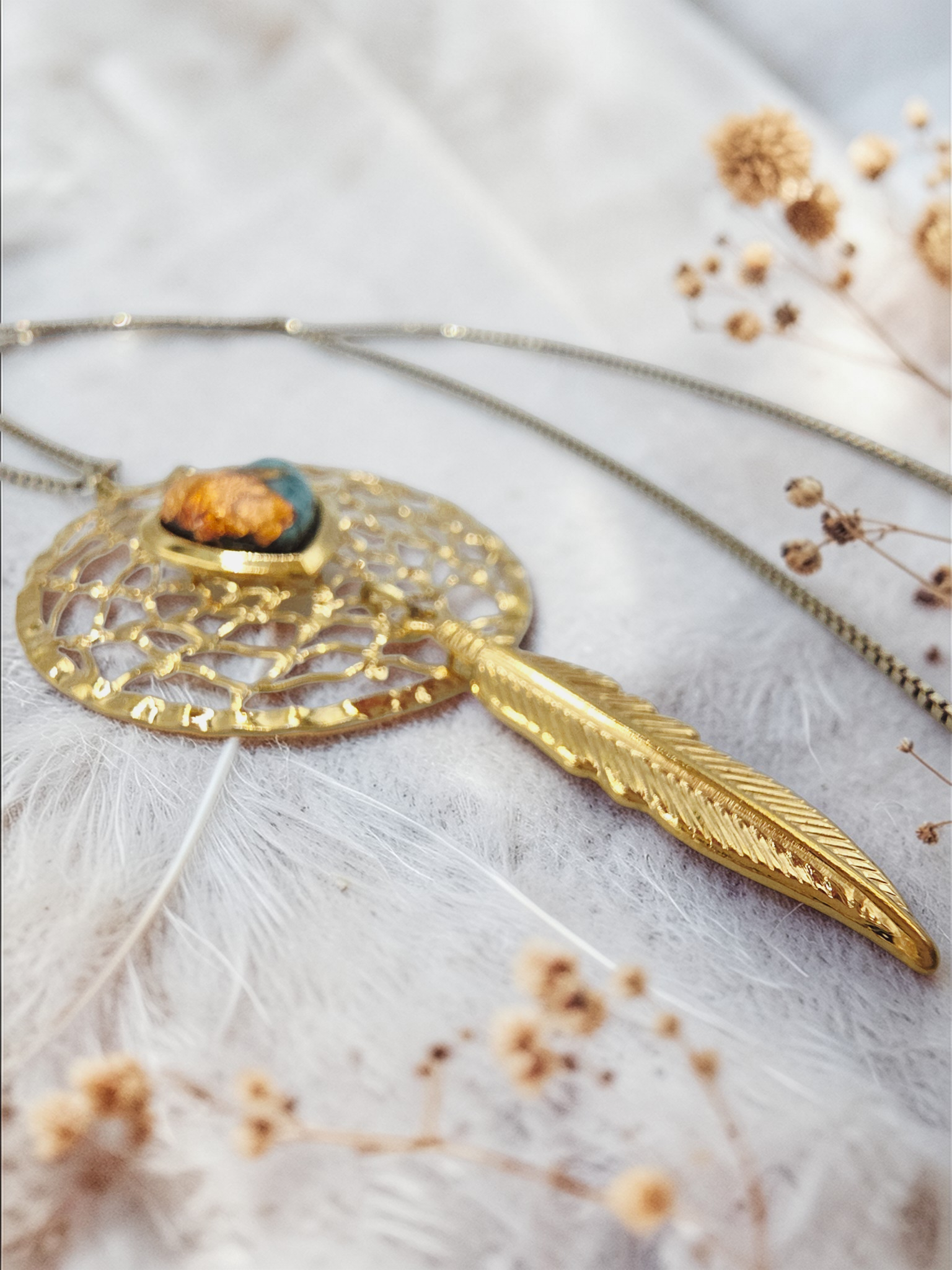 Turquoise Heart Feather Dreamcatcher Pendant with Sterling Silver Italy Necklace