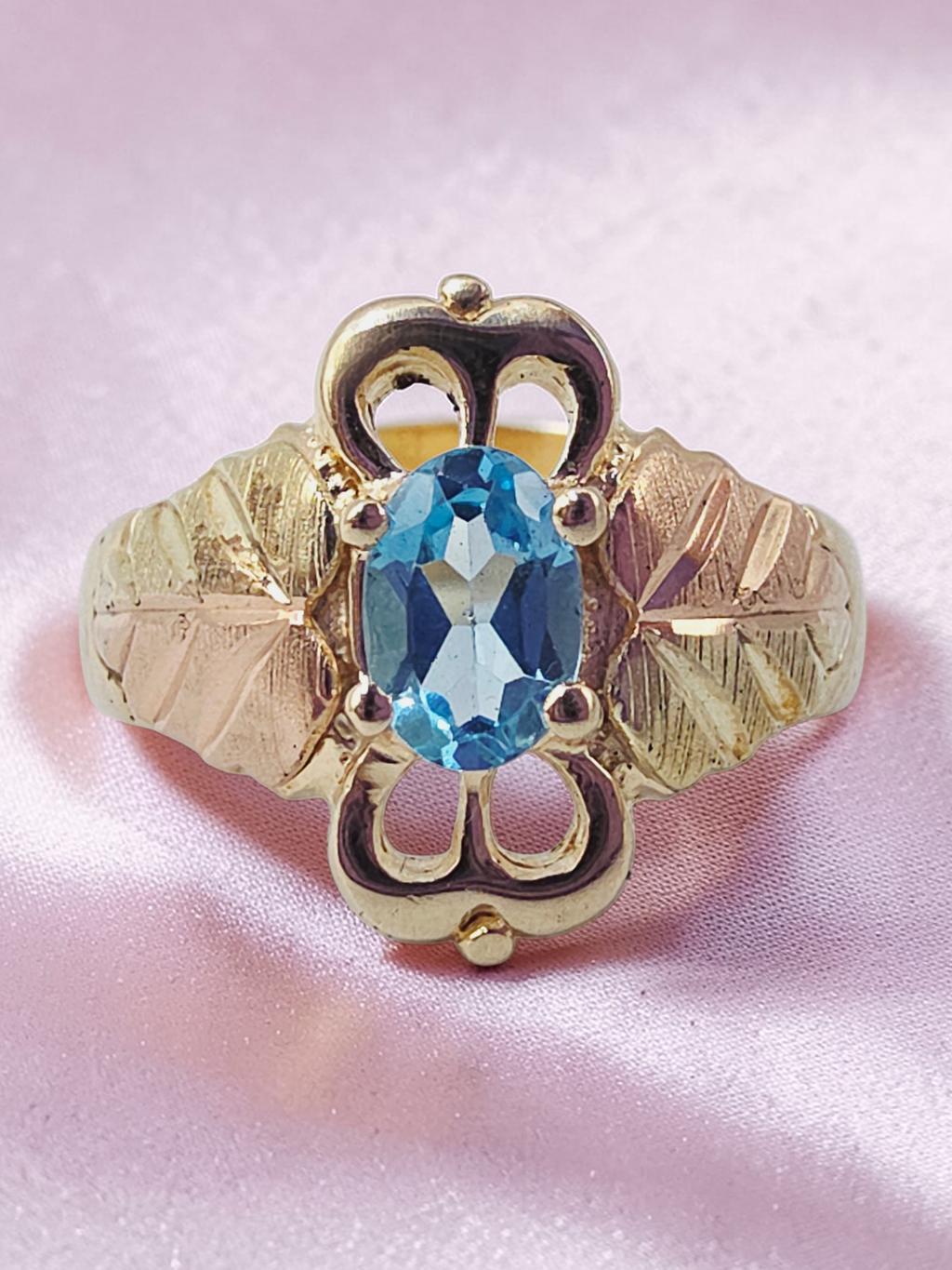 Black Hills Gold Solid 10K Ring with Oval-Cut Blue Topaz – Size 4.75
