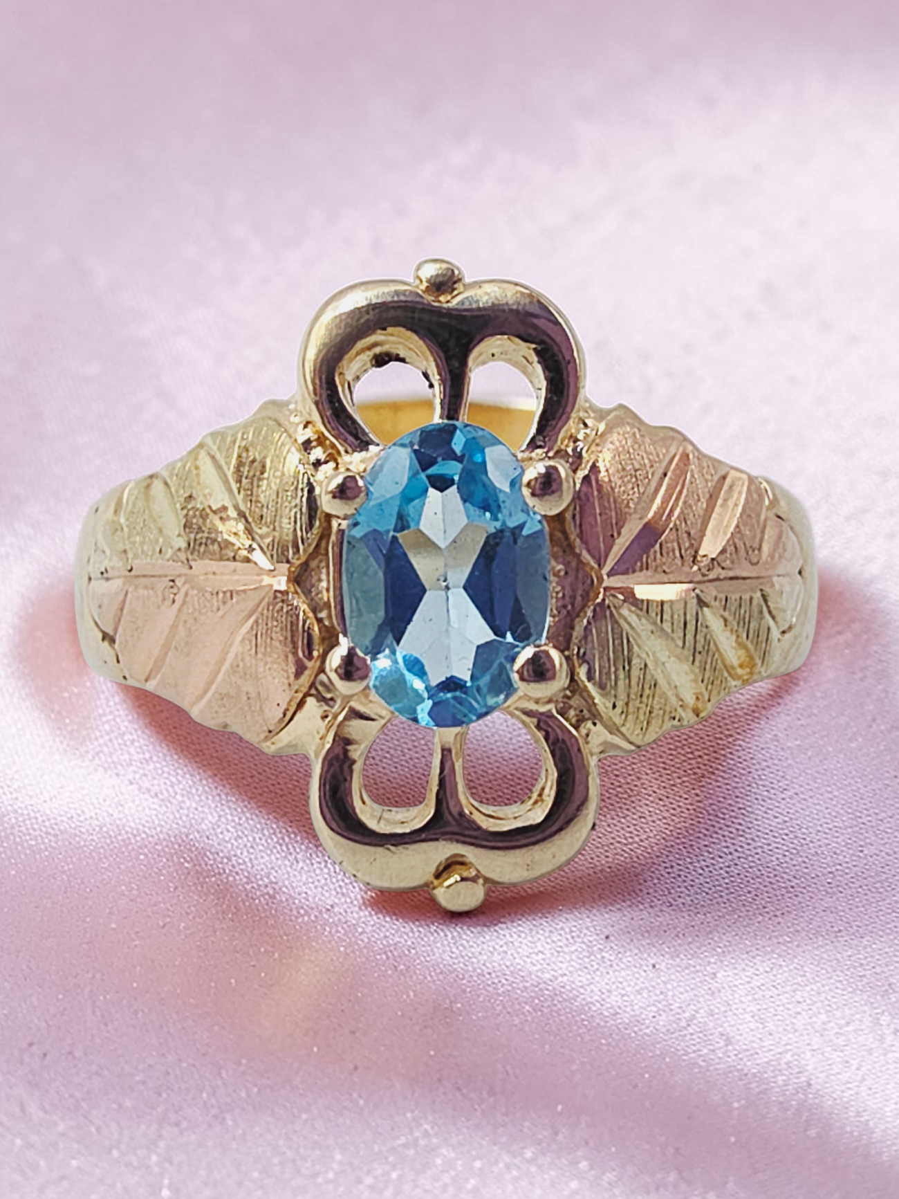 Black Hills Gold Solid 10K Ring with Oval-Cut Blue Topaz – Size 4.75