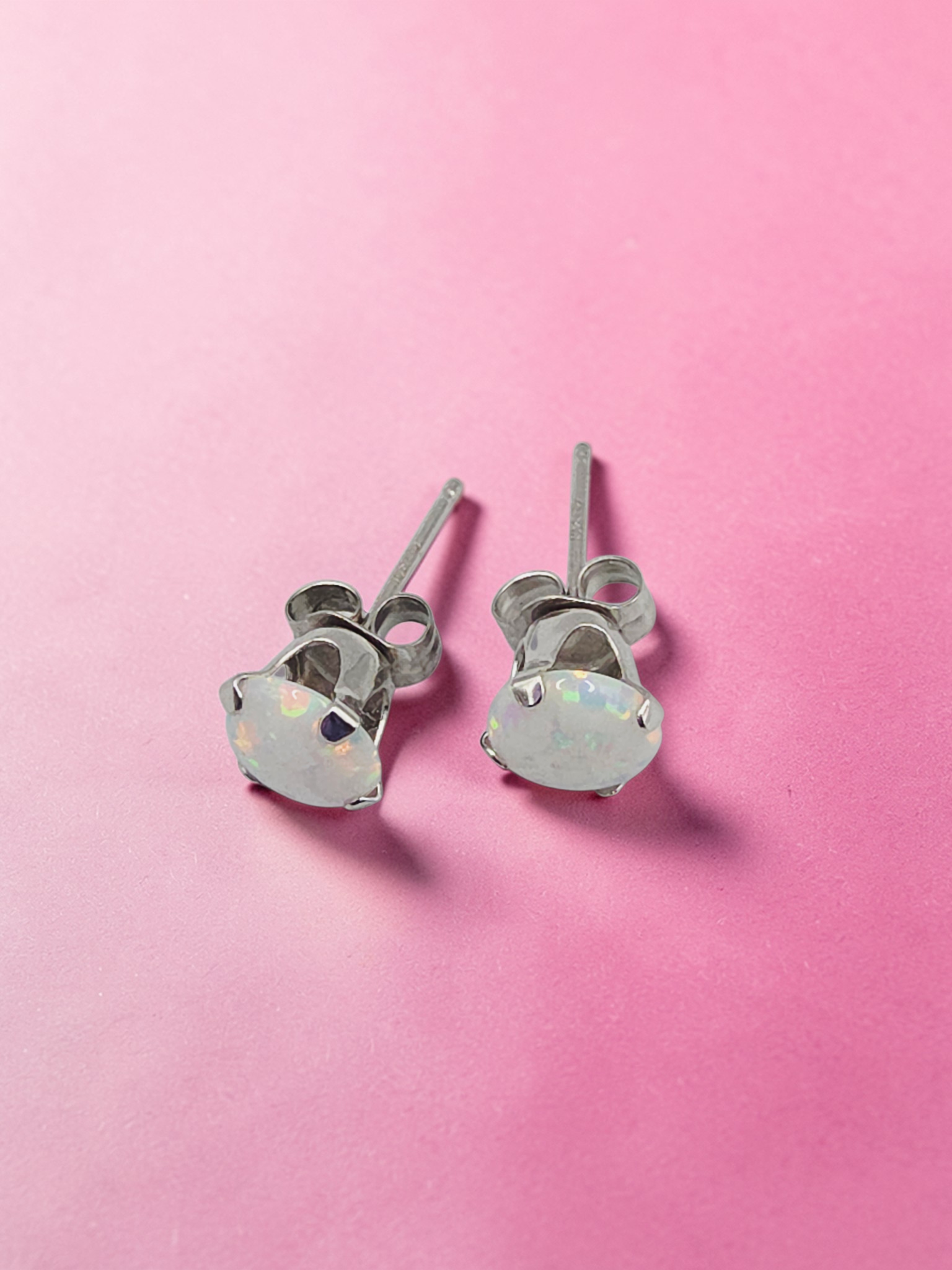 Solid 10K White Gold Opal Stud Earrings Round Cabochon October Birthstone