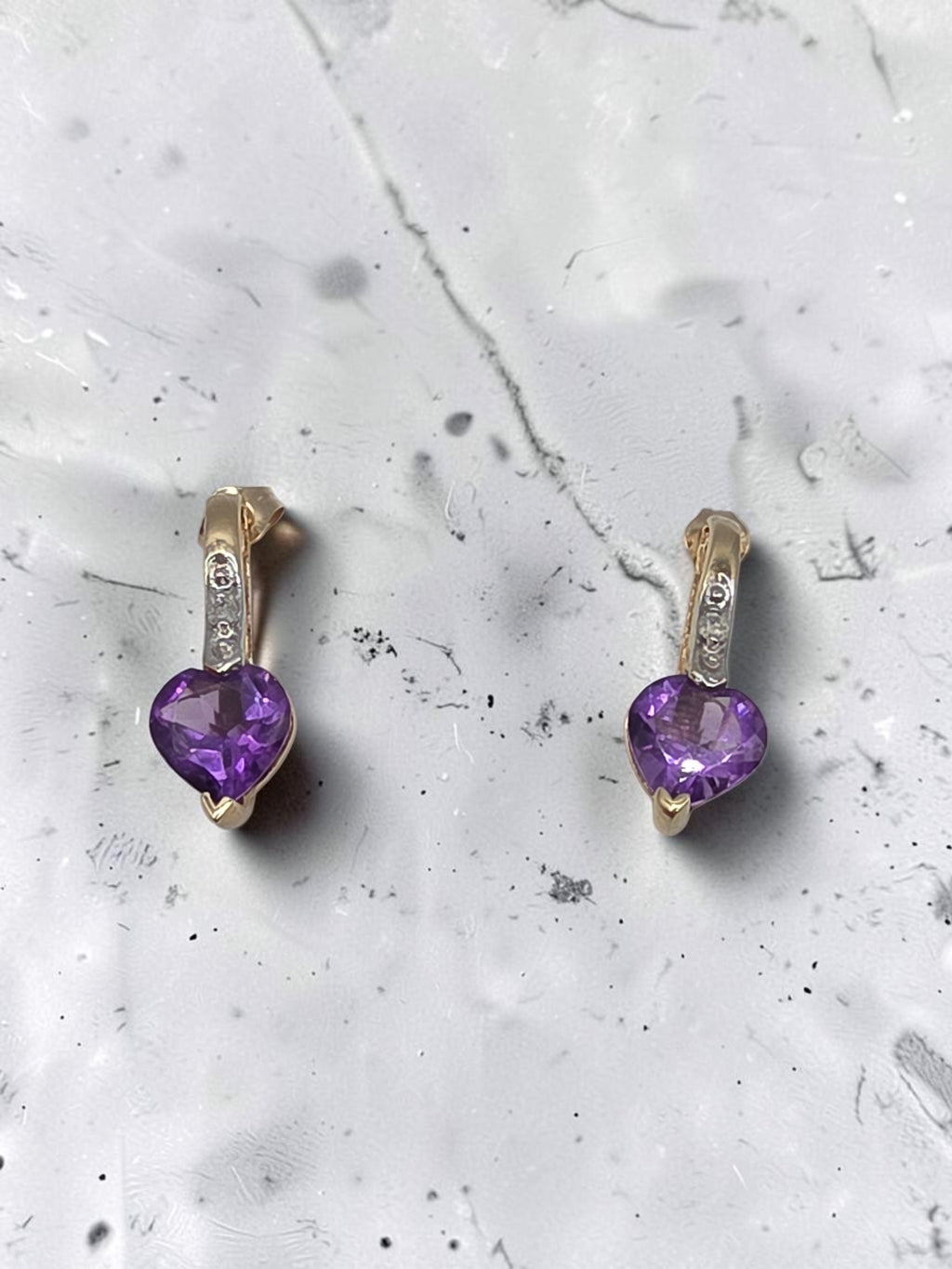 SDC Creations Solid 10K Yellow Gold Heart Cut Amethyst Diamond Drop Earrings