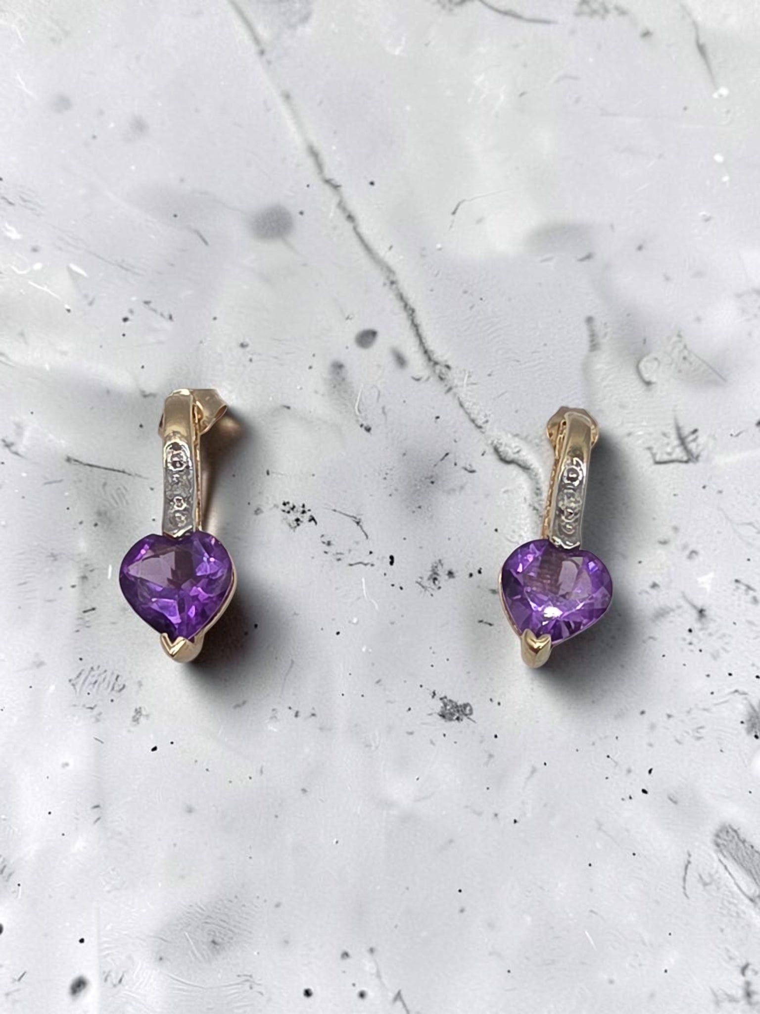 SDC Creations Solid 10K Yellow Gold Heart Cut Amethyst Diamond Drop Earrings