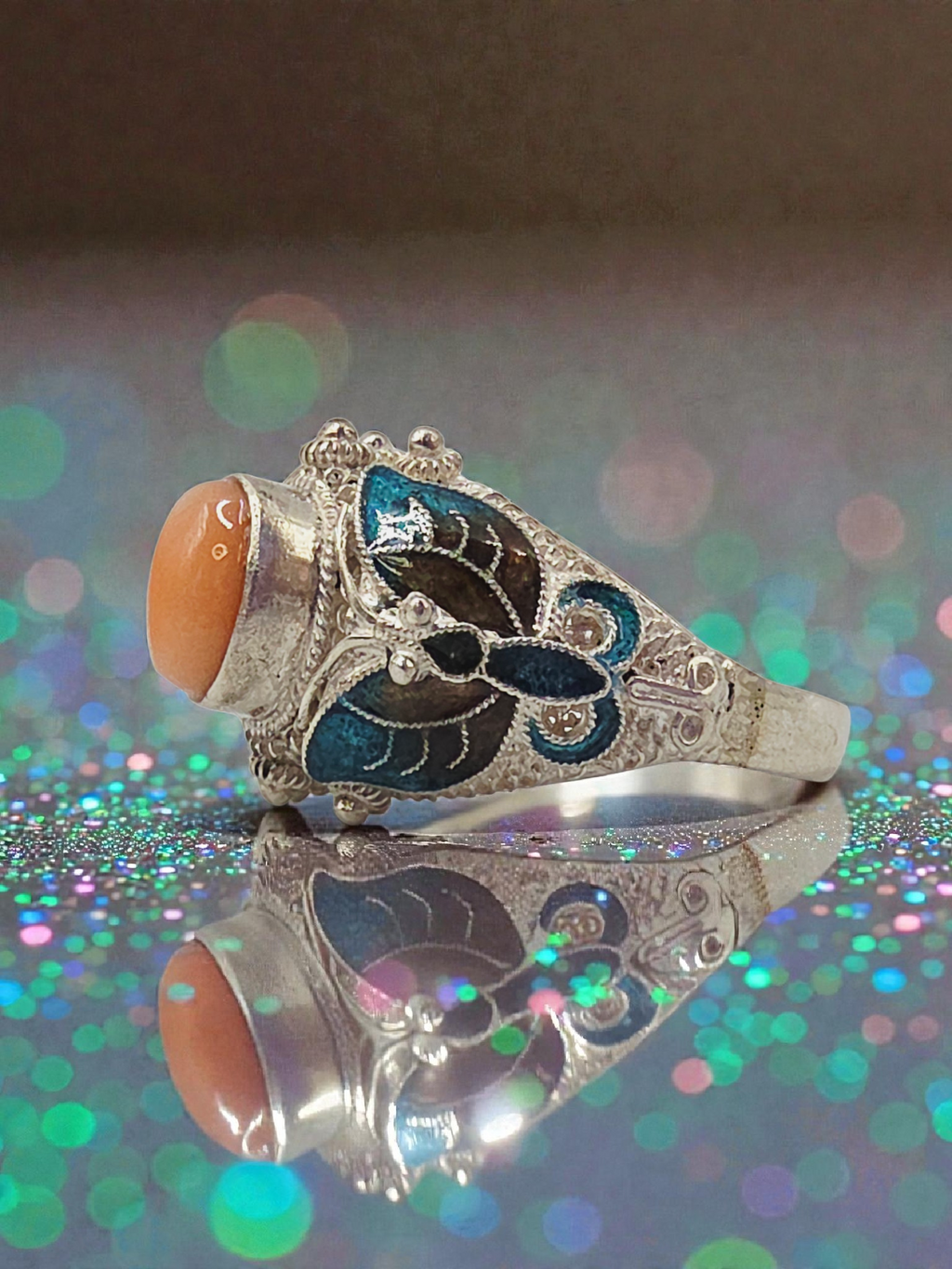 Sterling Silver Salmon Pink Coral Ring with Enamel Butterfly Accents - Size 8