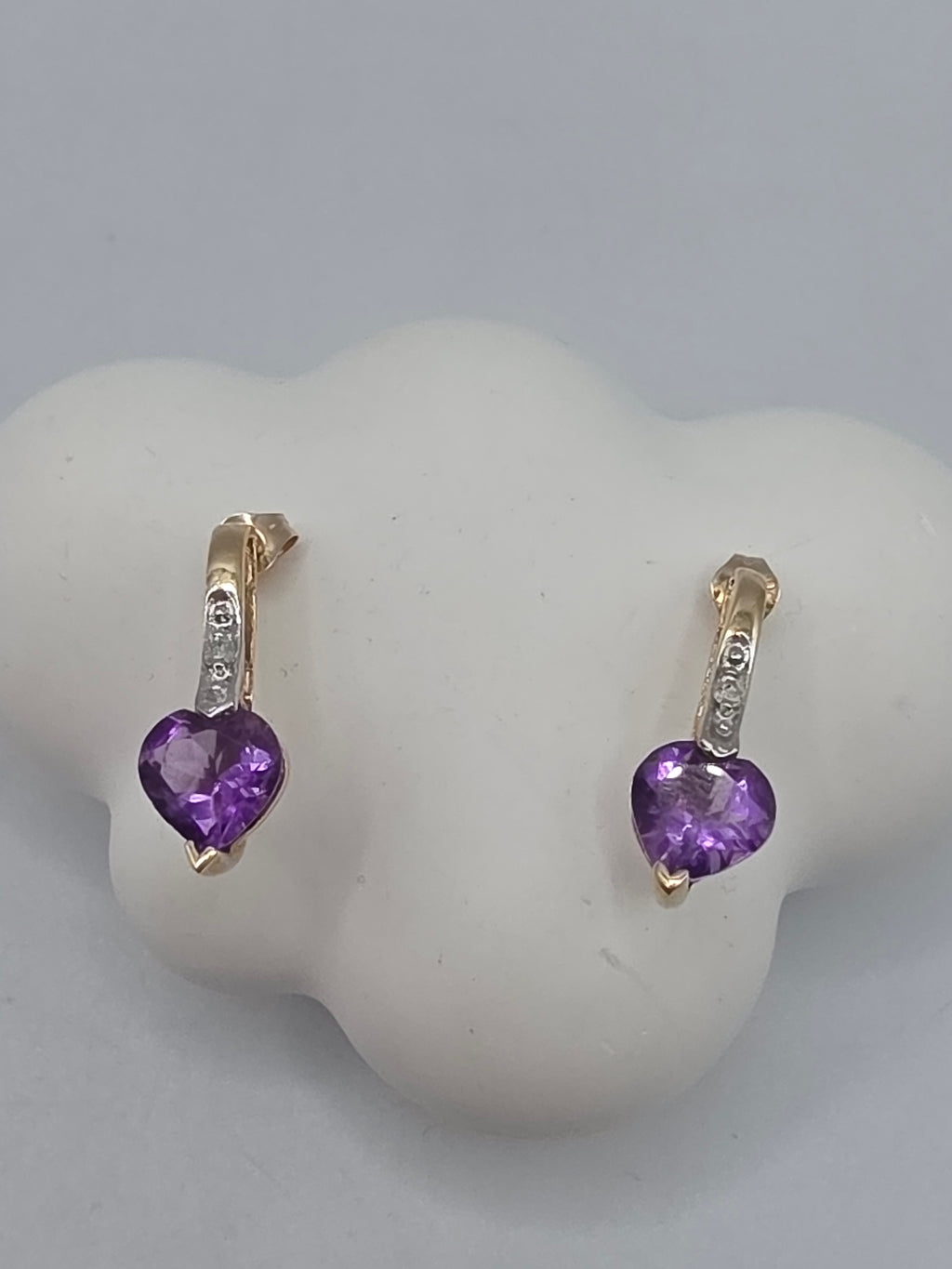 SDC Creations Solid 10K Yellow Gold Heart Cut Amethyst Diamond Drop Earrings