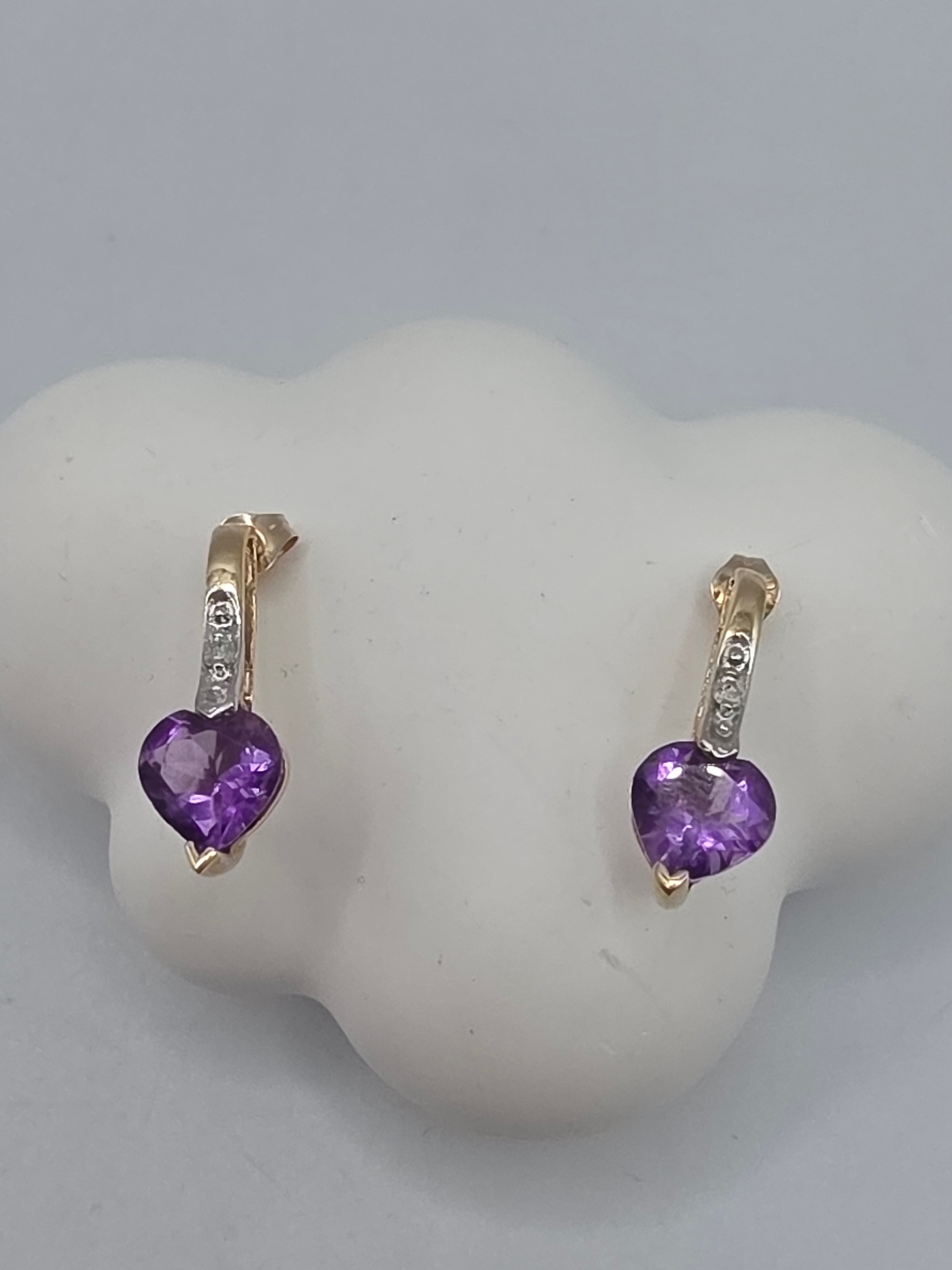 SDC Creations Solid 10K Yellow Gold Heart Cut Amethyst Diamond Drop Earrings