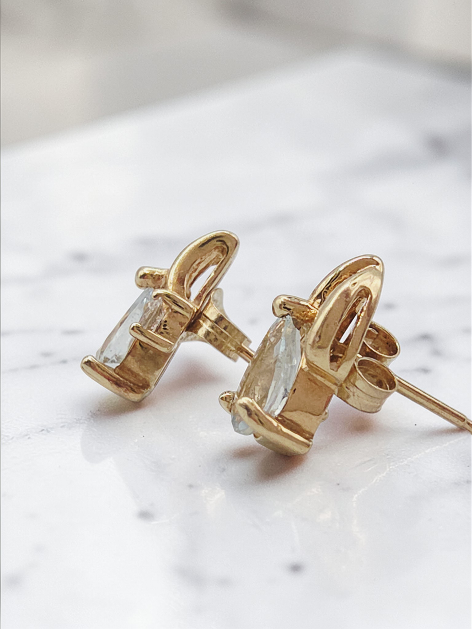 Solid 10K Yellow Gold Pear Cut Aquamarine Stud Earrings with CZ Accent