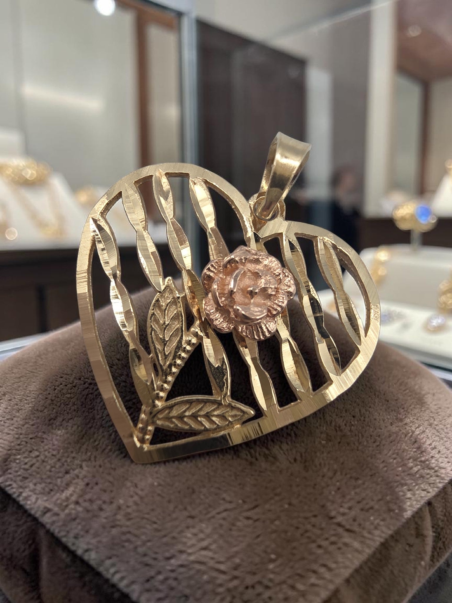 Solid 10K Two Tone Gold Open Heart Pendant Rose Gold Flower Diamond Cut