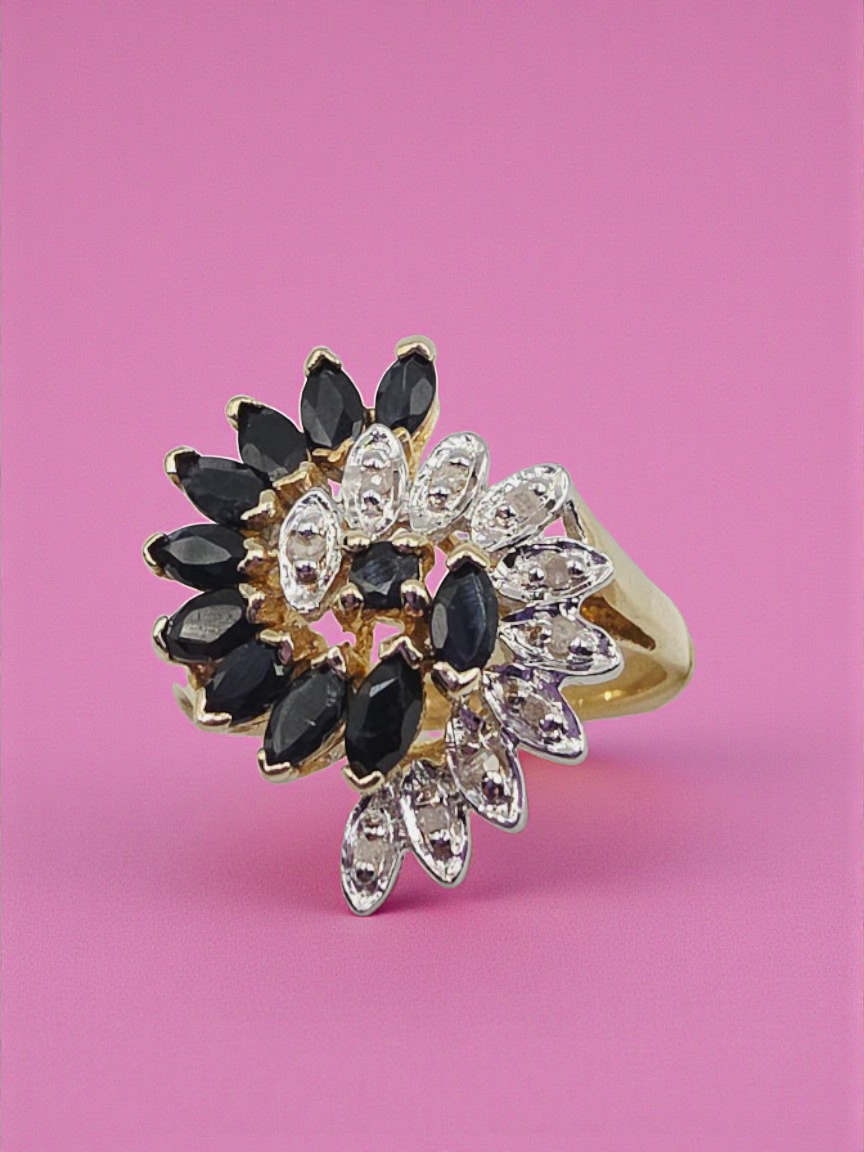 Solid 10K Yellow Gold Ring with Blue Sapphire and Diamond Cluster - Size 7