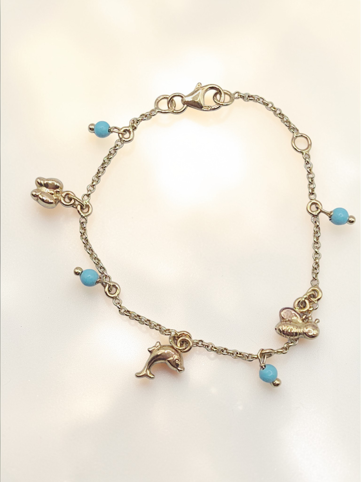 Solid 14K Yellow Gold Butterfly Bee Fish Charm Bracelet 5 to 5.75 Inch