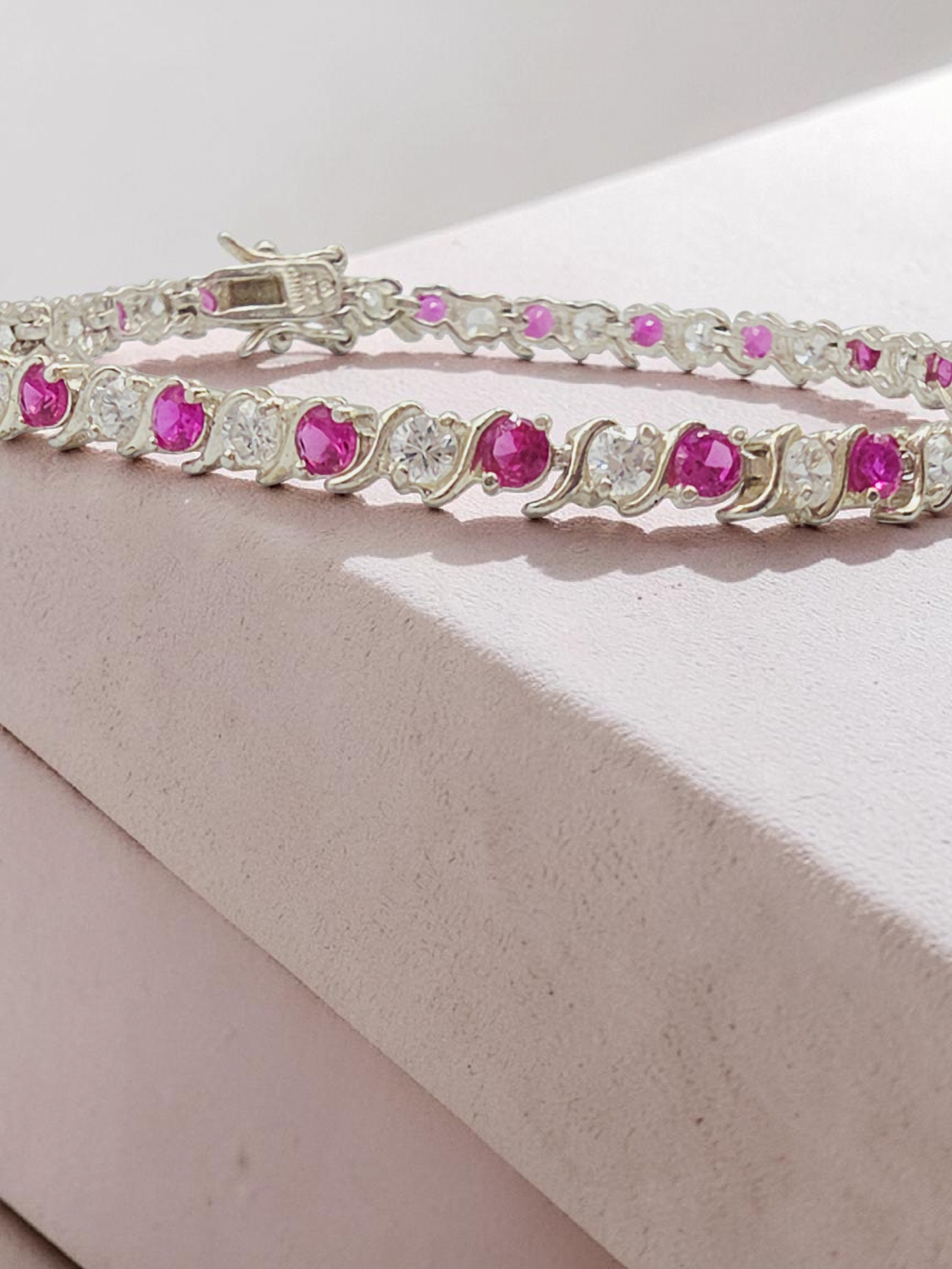 925 Sterling Silver Pink Sapphire Tennis Bracelet with CZ Accents - 7.5 Inch