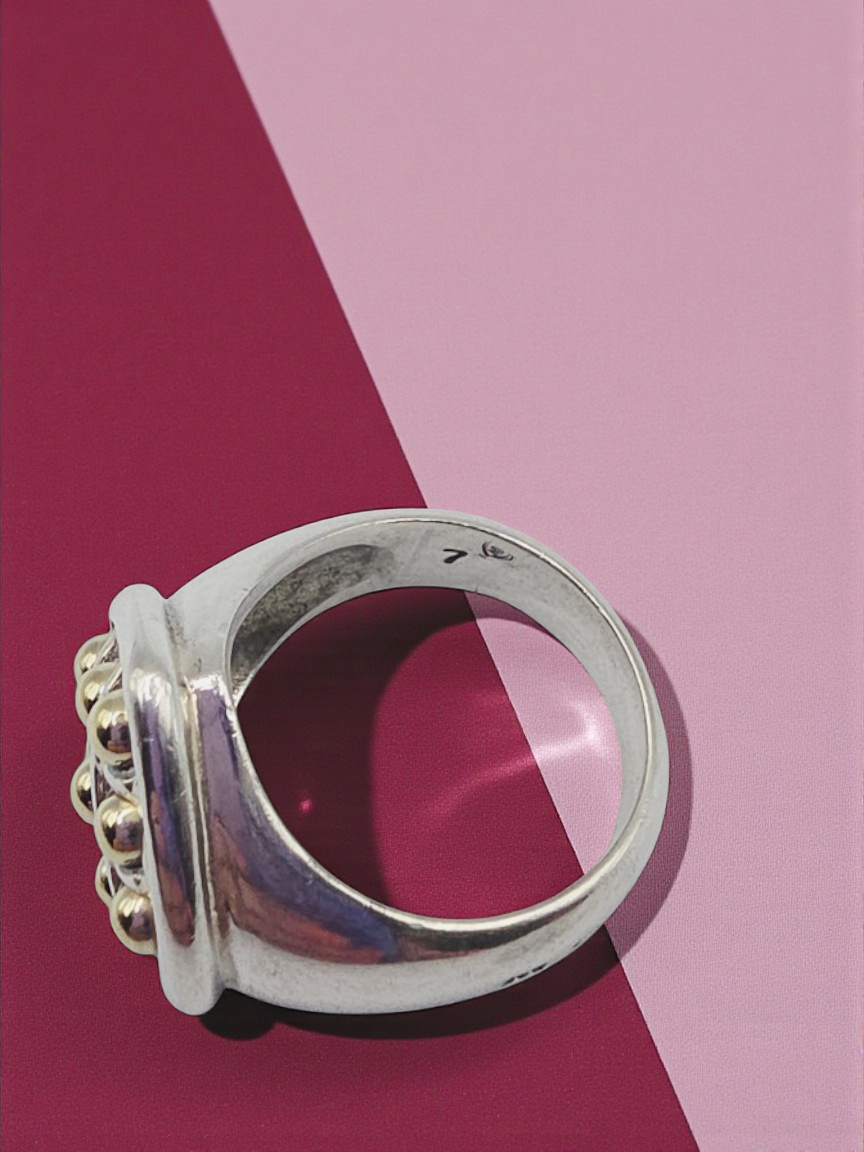 Caviar 925 Sterling Silver with 18K Yellow Gold Accents Heart Ring Size 7