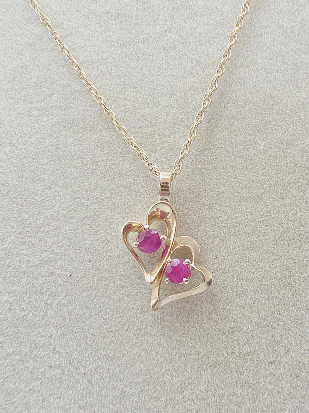 Solid 14K Yellow Gold Double Ruby Heart Pendant Necklace - 18 Inch