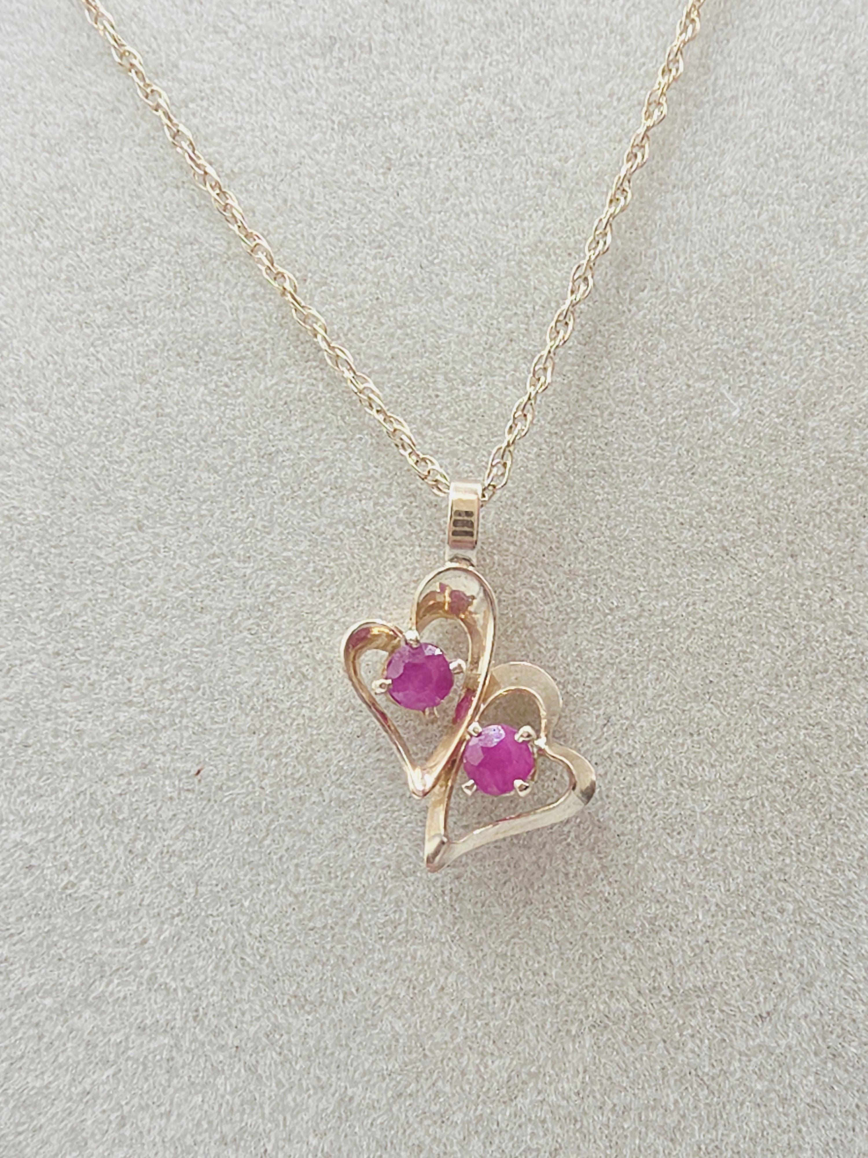 Solid 14K Yellow Gold Double Ruby Heart Pendant Necklace - 18 Inch
