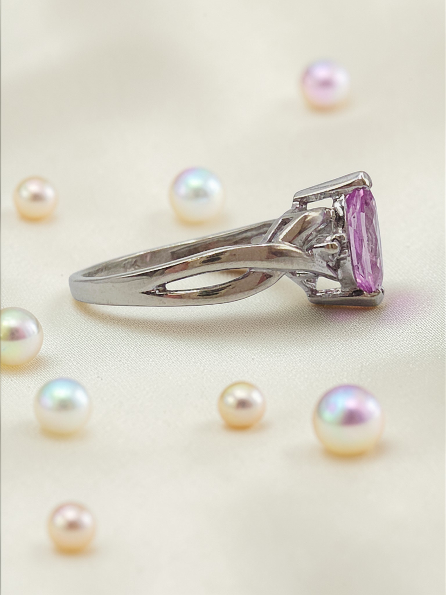 Solid 10K White Gold Ring with Marquise Cut Pink Sapphire - Size 5.75