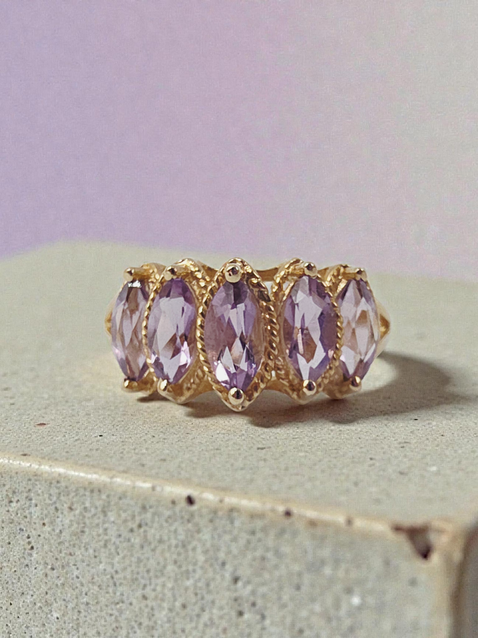 Solid 10K Yellow Gold Ring with Marquise Cut Amethysts Size 7