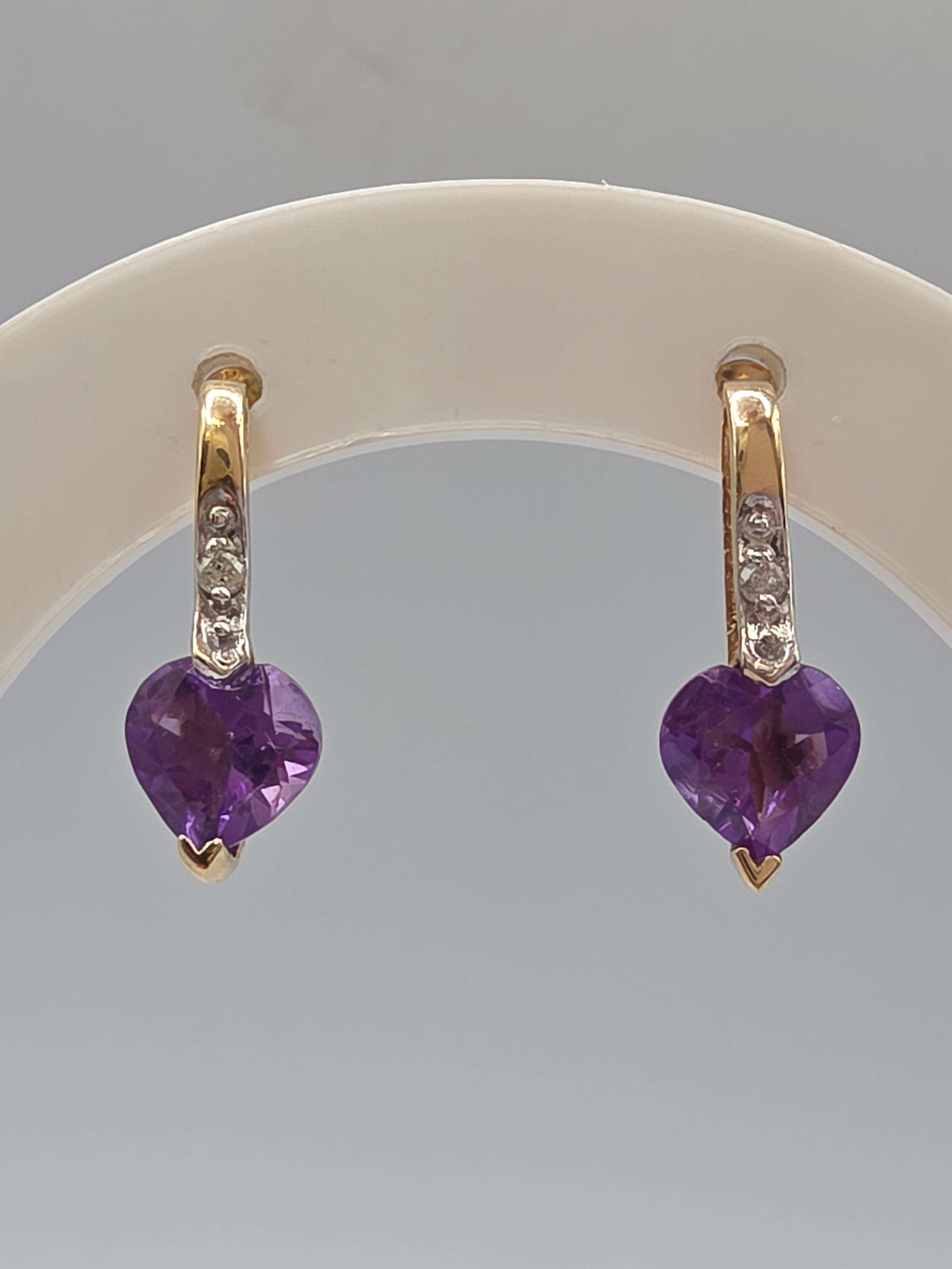 SDC Creations Solid 10K Yellow Gold Heart Cut Amethyst Diamond Drop Earrings