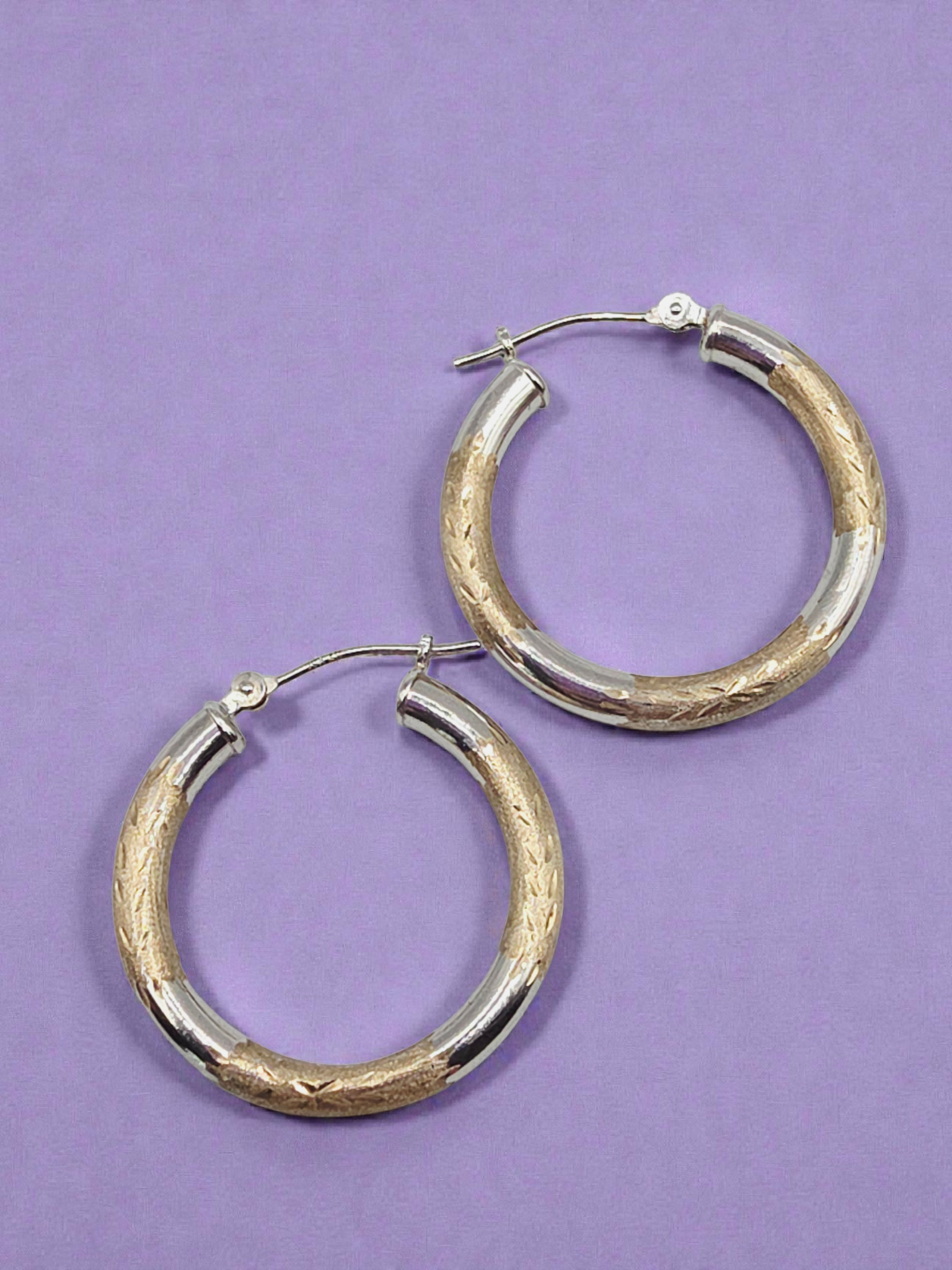 Solid 10K Two-Tone Yellow & White Gold Textured Hoop Earrings