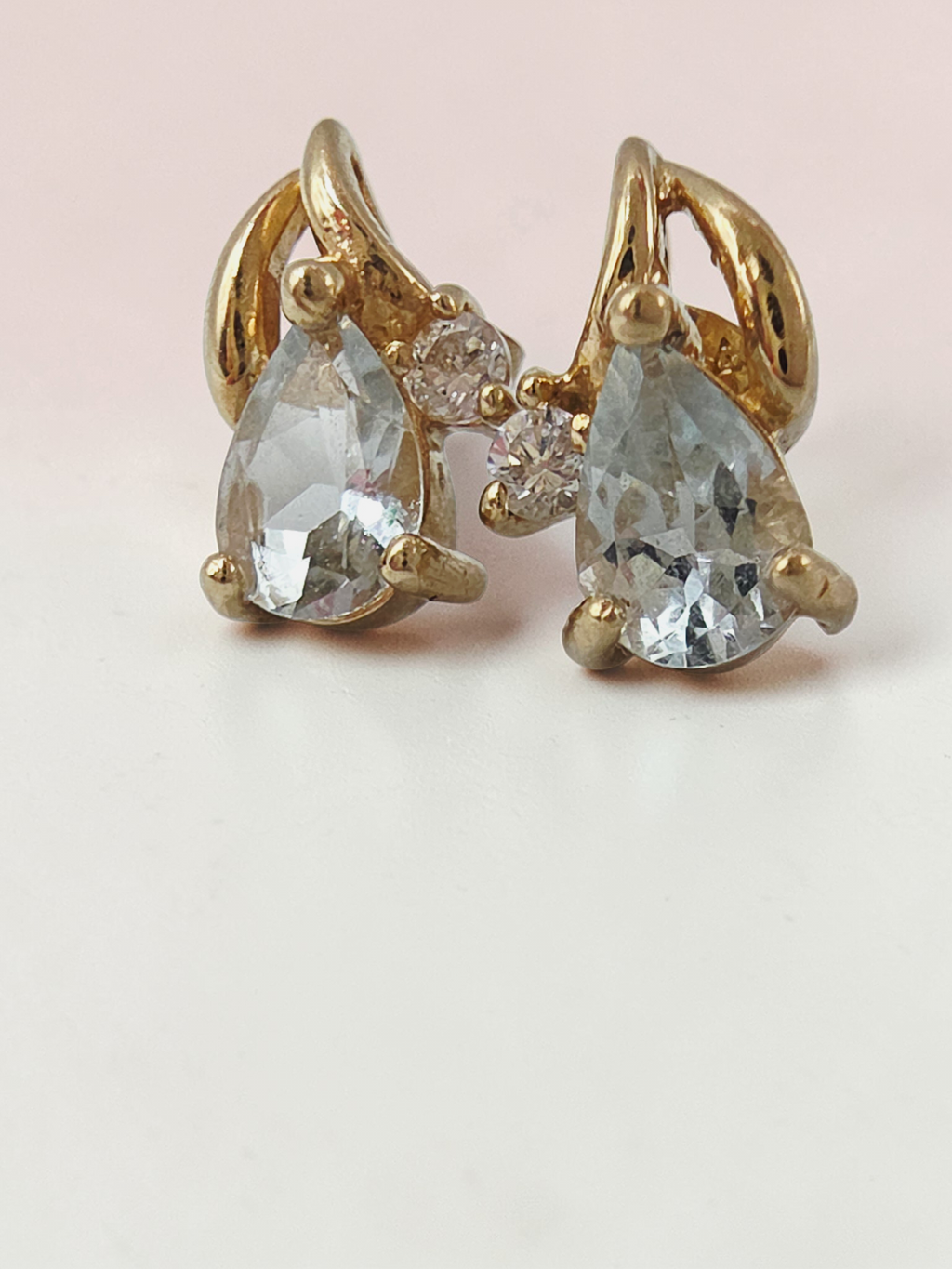 Solid 10K Yellow Gold Pear Cut Aquamarine Stud Earrings with CZ Accent