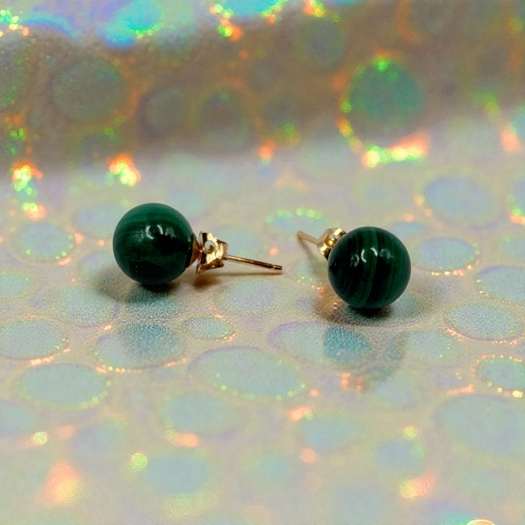 Solid 14K Yellow Gold Stud Earrings with Round Cut Jade