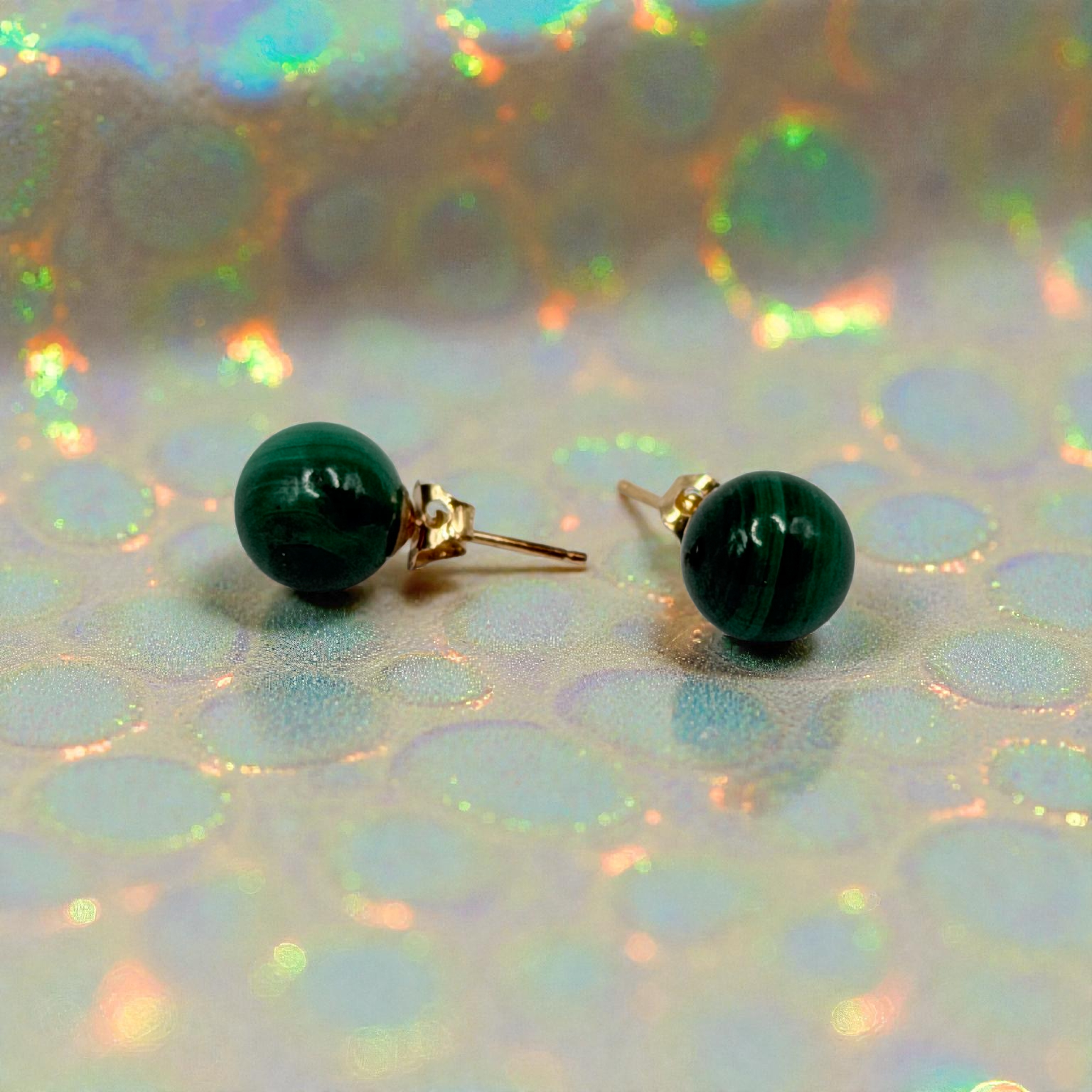 Solid 14K Yellow Gold Stud Earrings with Round Cut Jade