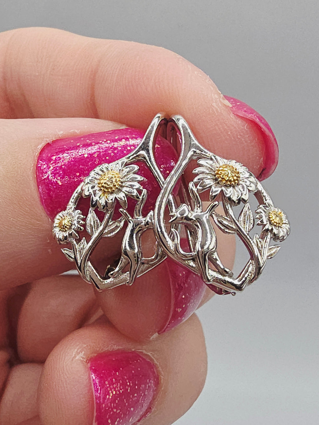 925 Sterling Silver Kitty Cat & Sunflower Leverback Drop Earrings with 24K Gold Accents