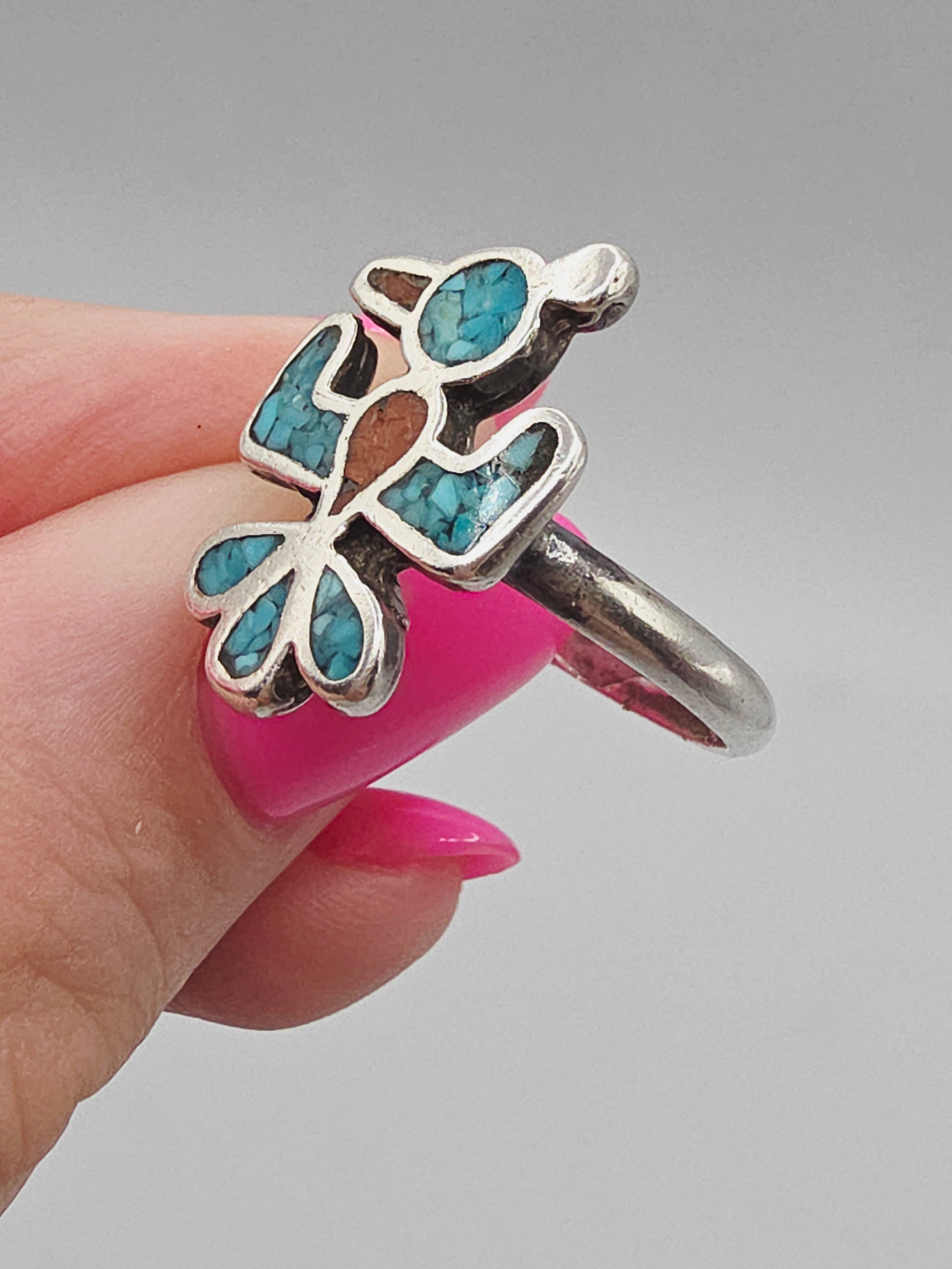 Southwestern Sterling Silver Turquoise & Coral Inlay Thunderbird Ring Size 7.75