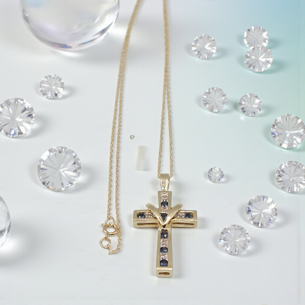 Solid 10K Gold Cross Pendant Necklace - Blue Sapphires & Diamonds - 18 Inch