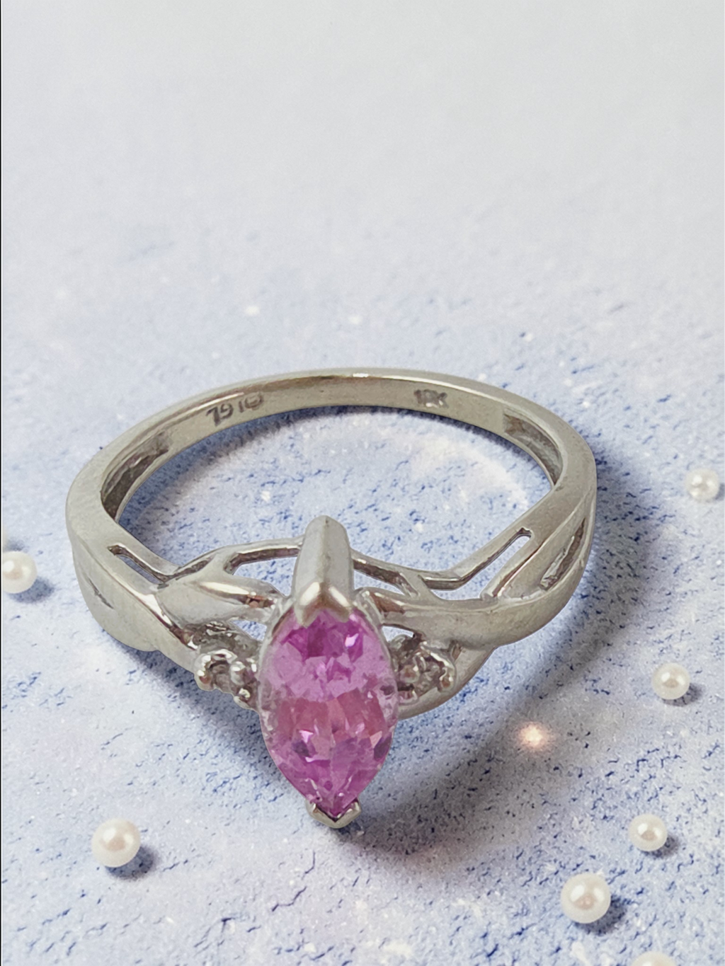 Solid 10K White Gold Ring with Marquise Cut Pink Sapphire - Size 5.75