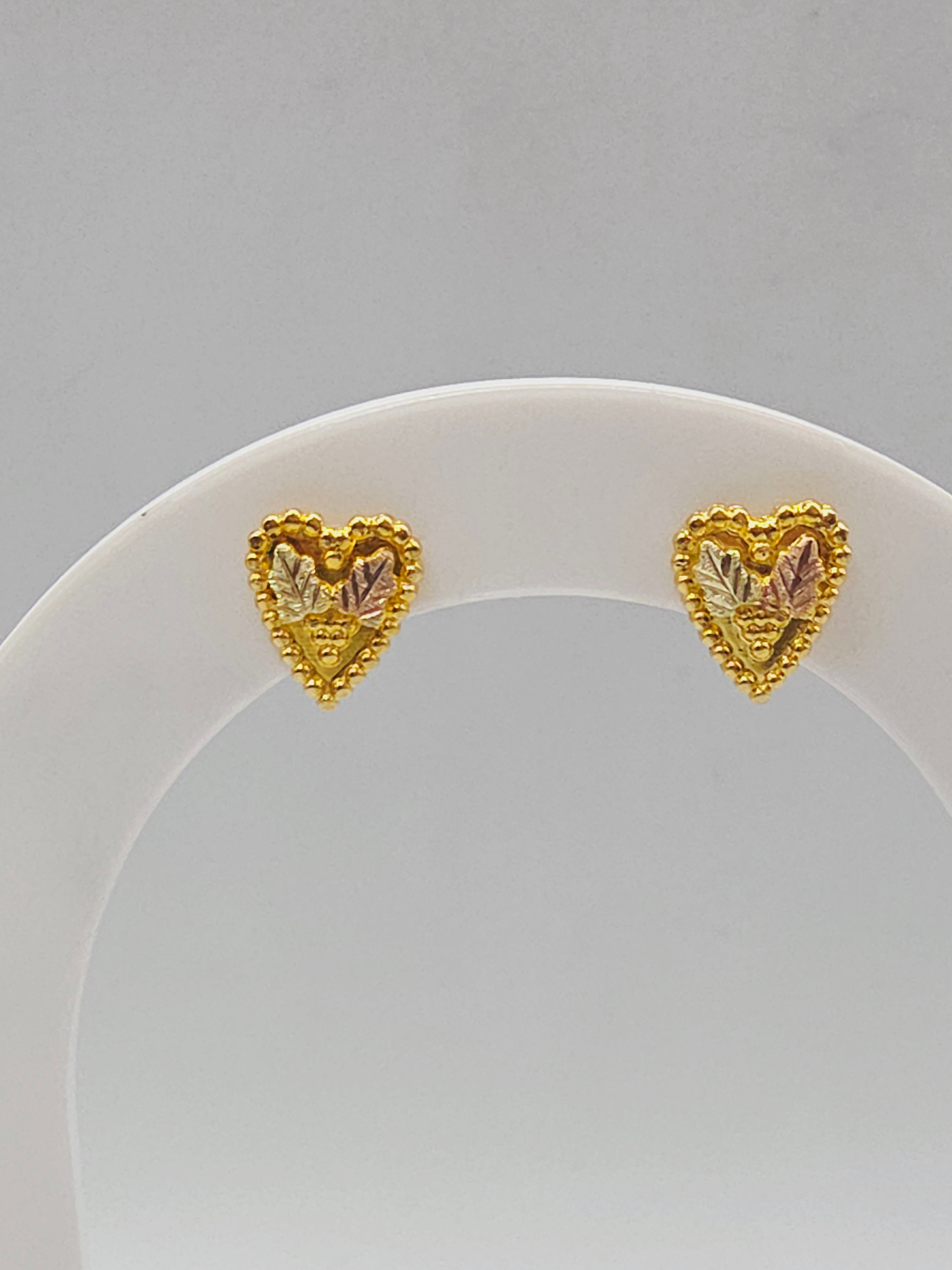 Black Hills Solid 14K Tri Color Gold Grape Leaf Beaded Heart Stud Earrings