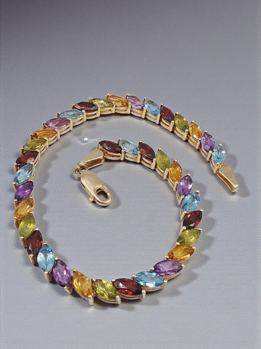 Solid 14K Gold Bracelet with Garnet, Topaz, Citrine, Peridot, Amethyst 7.25 Inch