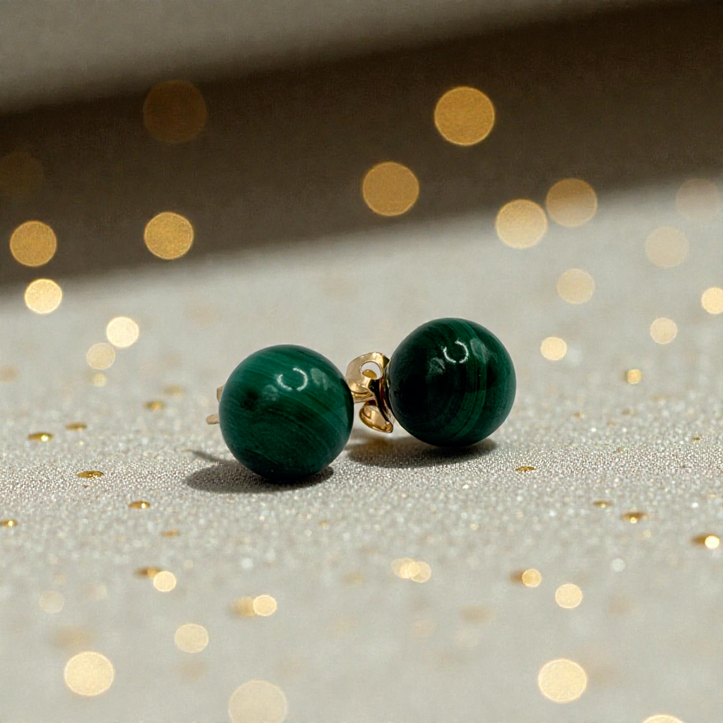 Solid 14K Yellow Gold Stud Earrings with Round Cut Jade