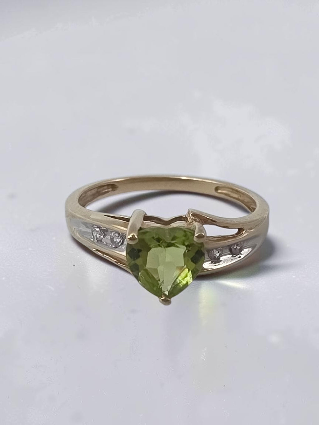 Solid 10K Yellow Gold Heart Cut Green Peridot Ring with CZ Accents - Size 6