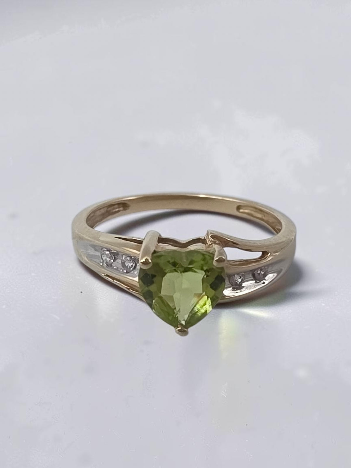Solid 10K Yellow Gold Heart Cut Green Peridot Ring with CZ Accents - Size 6