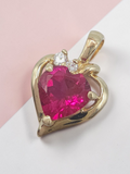 Solid 10K Yellow Gold Ruby Heart Necklace Pendant with CZ Accents