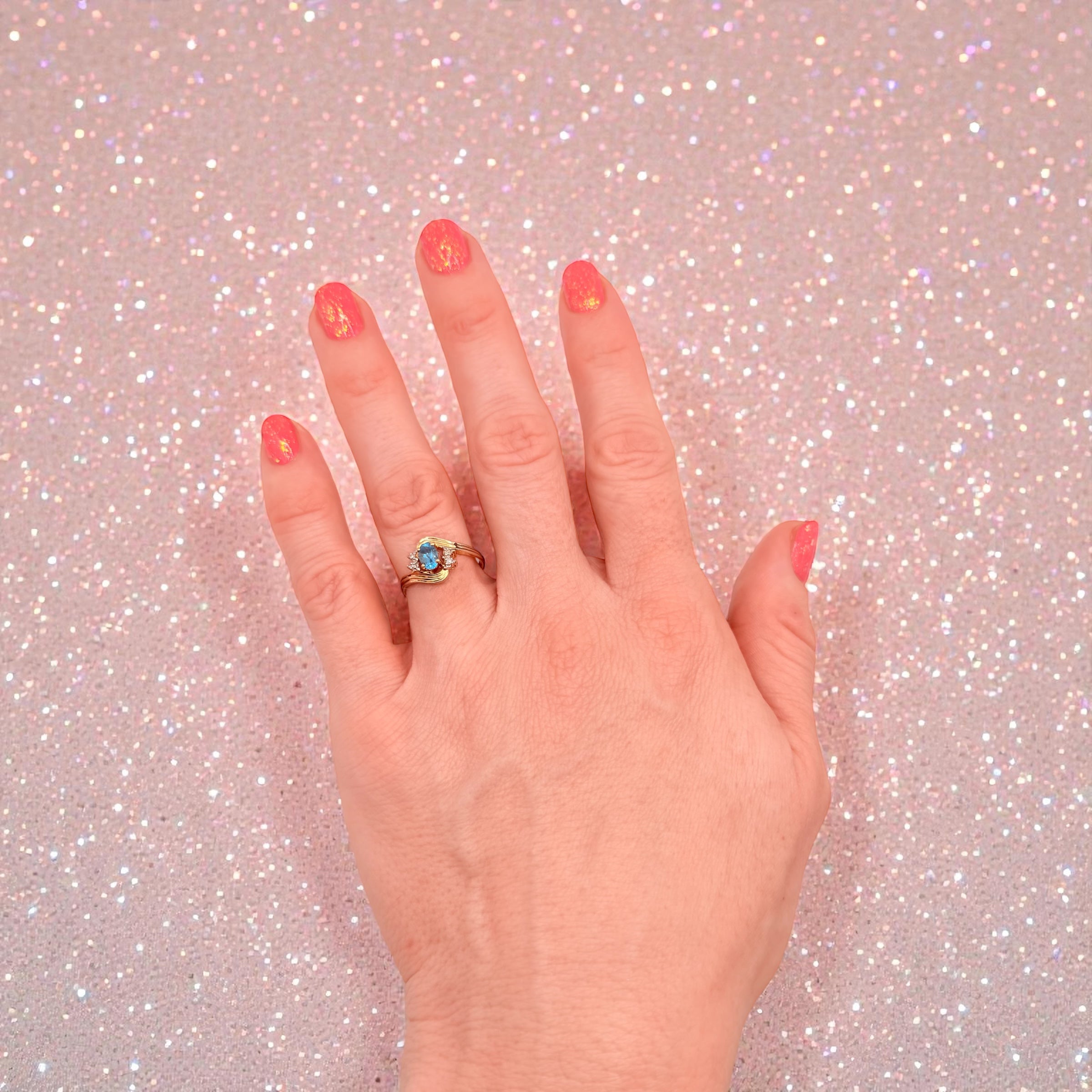 Solid 10K Yellow Gold Ring with Oval Cut Blue Topaz and Diamond Accents Size 7