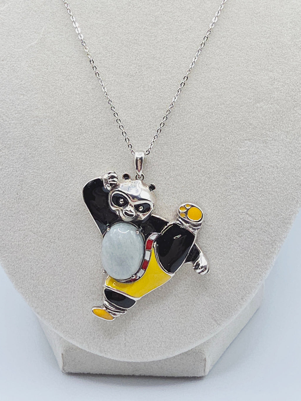 Sterling Silver Kung Fu Panda Pendant Necklace with Jade & Enamel - 18 Inch