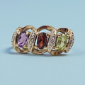 Solid 9K Gold Ring with Peridot, Garnet, Amethyst and Diamonds - Size 7.5