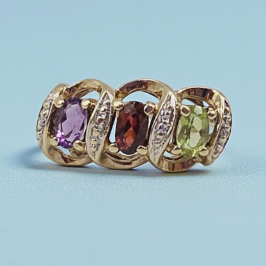 Solid 9K Gold Ring with Peridot, Garnet, Amethyst and Diamonds - Size 7.5